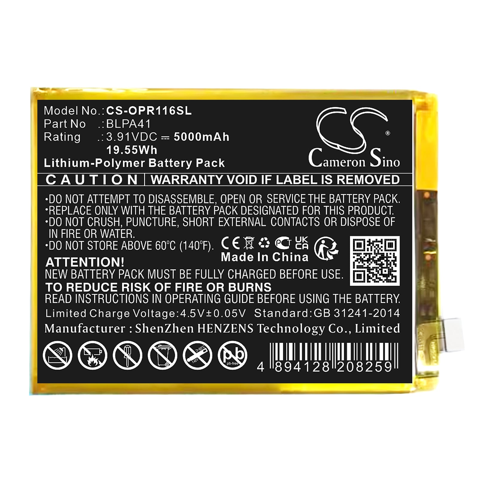 3.91V, Li-Polymer, 5000mAh, Battery fits Oppo Reno 11F, Reno 11F 5G, 19.55Wh Mobile, SmartPhone Cameron Sino Technology Limited