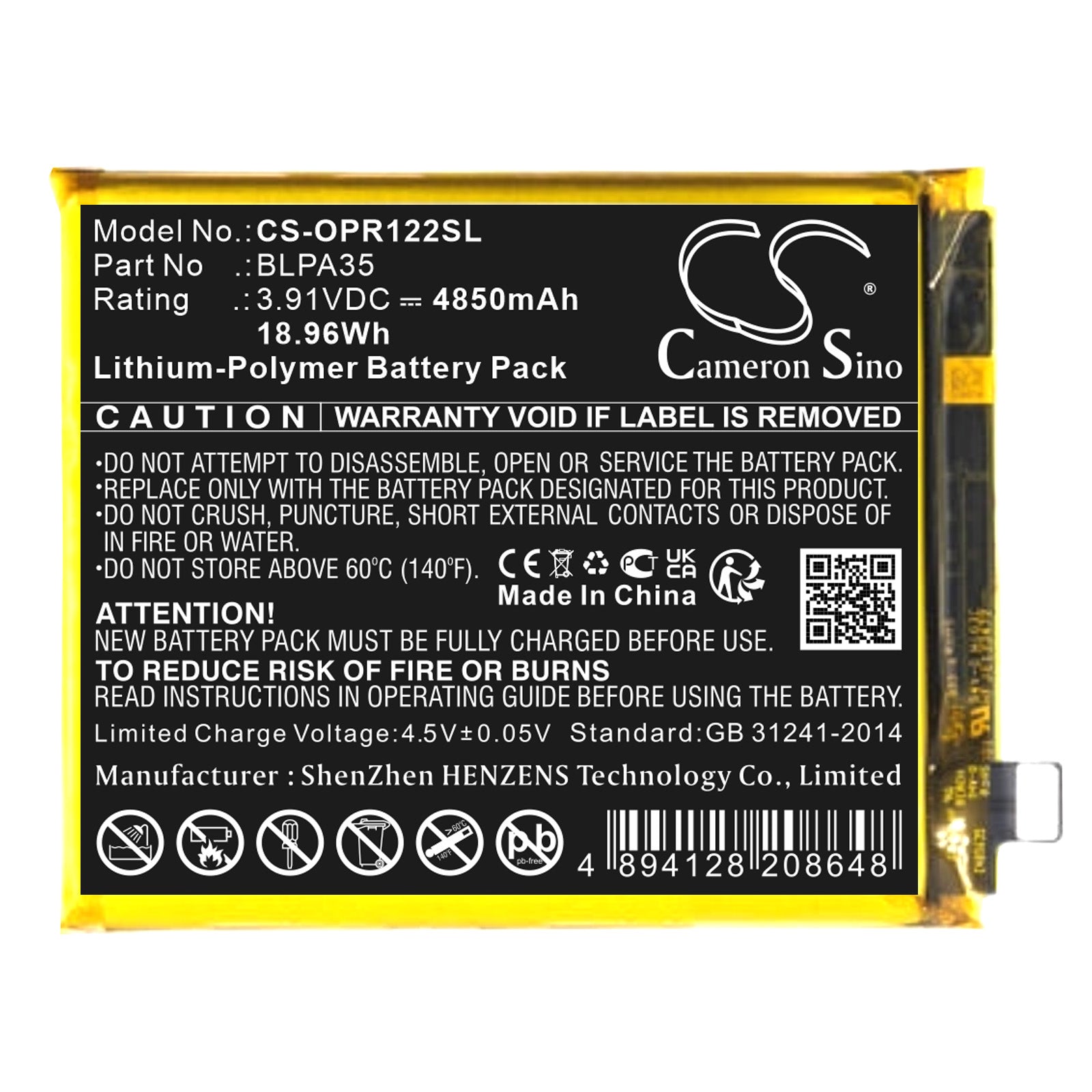 3.91V, Li-Polymer, 4850mAh, Battery fits Oppo Realme 12 Pro Plus | Realme 12 Pro Plus, 18.96Wh Mobile, SmartPhone Cameron Sino Technology Limited