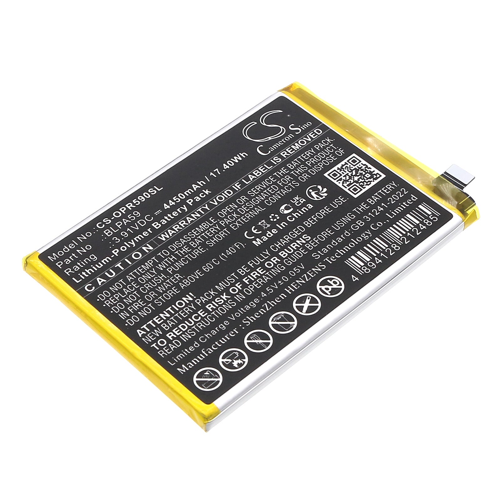 3.91V, Li-Polymer, 4450mAh, Battery fits Oppo CPH2625, Reno12, 17.4Wh Mobile, SmartPhone Cameron Sino Technology Limited