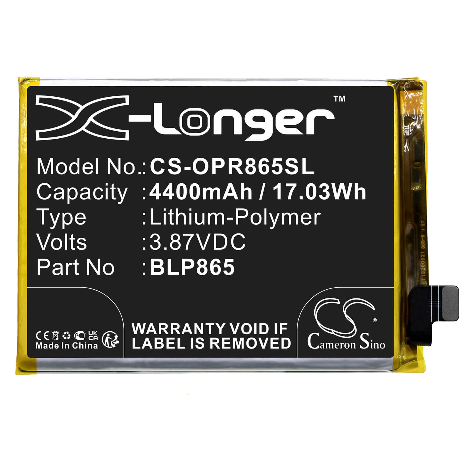 Li-Polymer Battery fits Oppo, K9 Pro, K9 Pro 5g 3.87V, 4400mAh / 17.03Wh Mobile & SmartPhone Cameron Sino Technology Limited