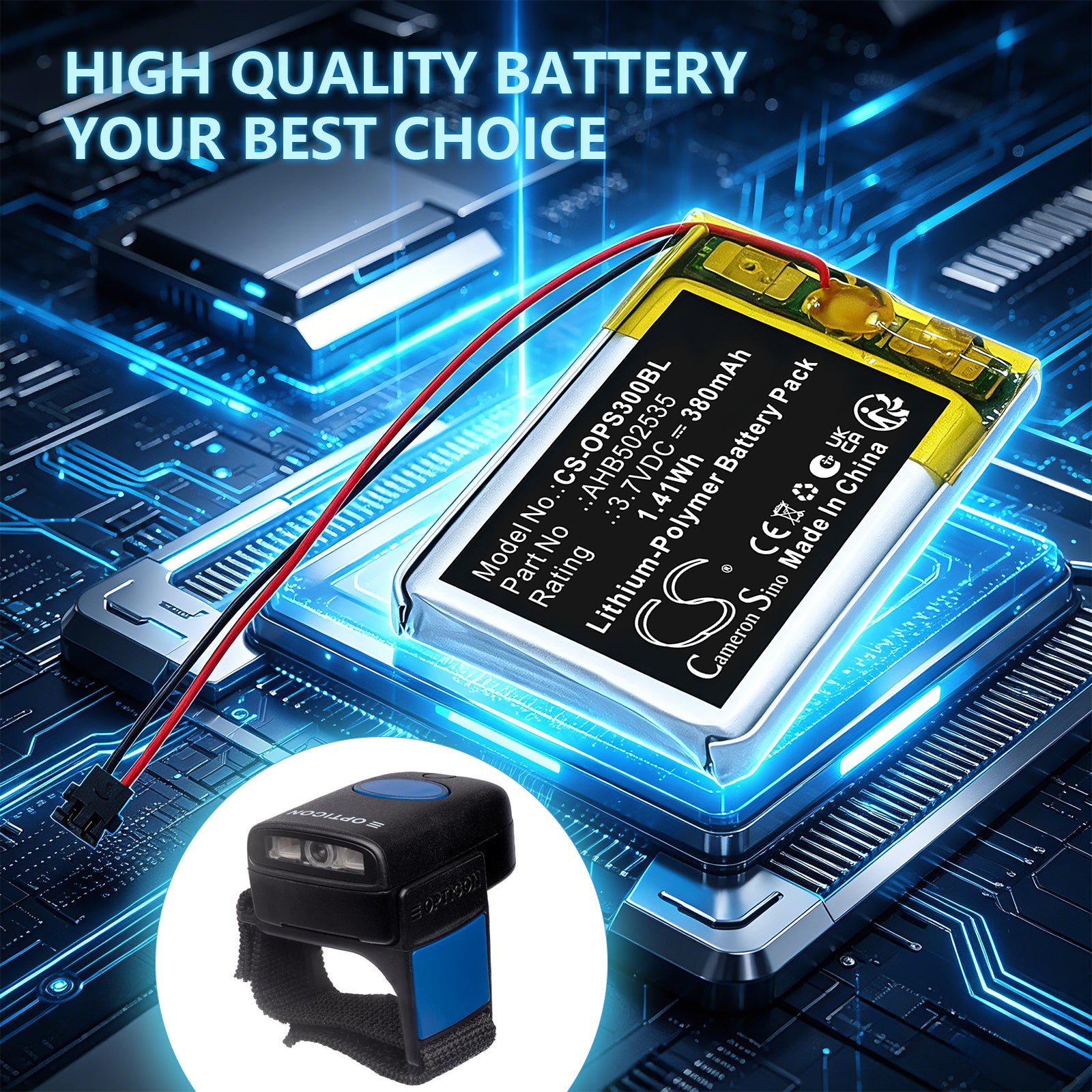3.7V, Li-Polymer, 380mAh, Battery fits Opticon RS-3000, 1.41Wh Barcode Scanner Cameron Sino Technology Limited