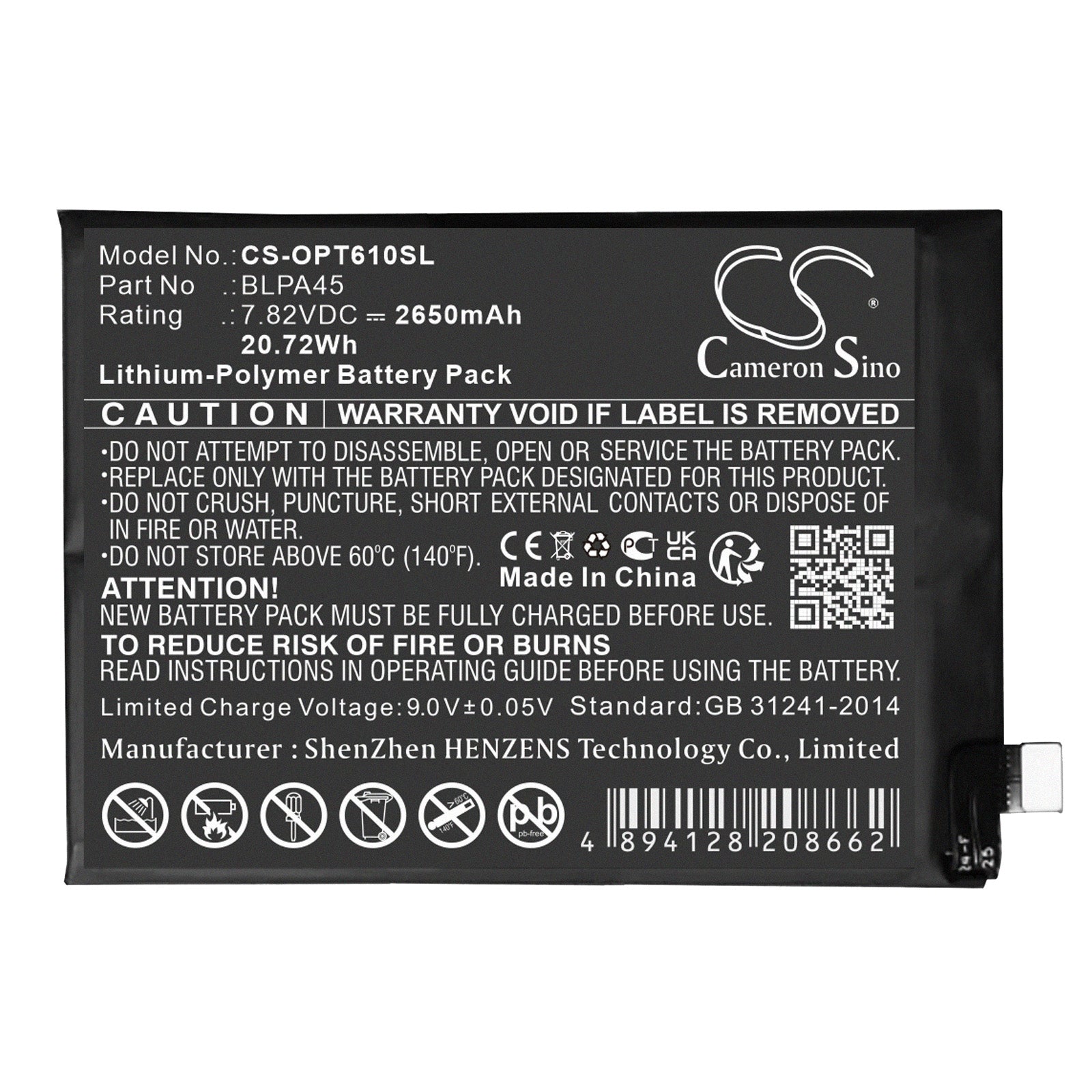 7.82V, Li-Polymer, 2650mAh, Battery fits Oppo Realme GT Neo6 SE | Realme GT Neo6 SE, 20.72Wh Mobile, SmartPhone Cameron Sino Technology Limited