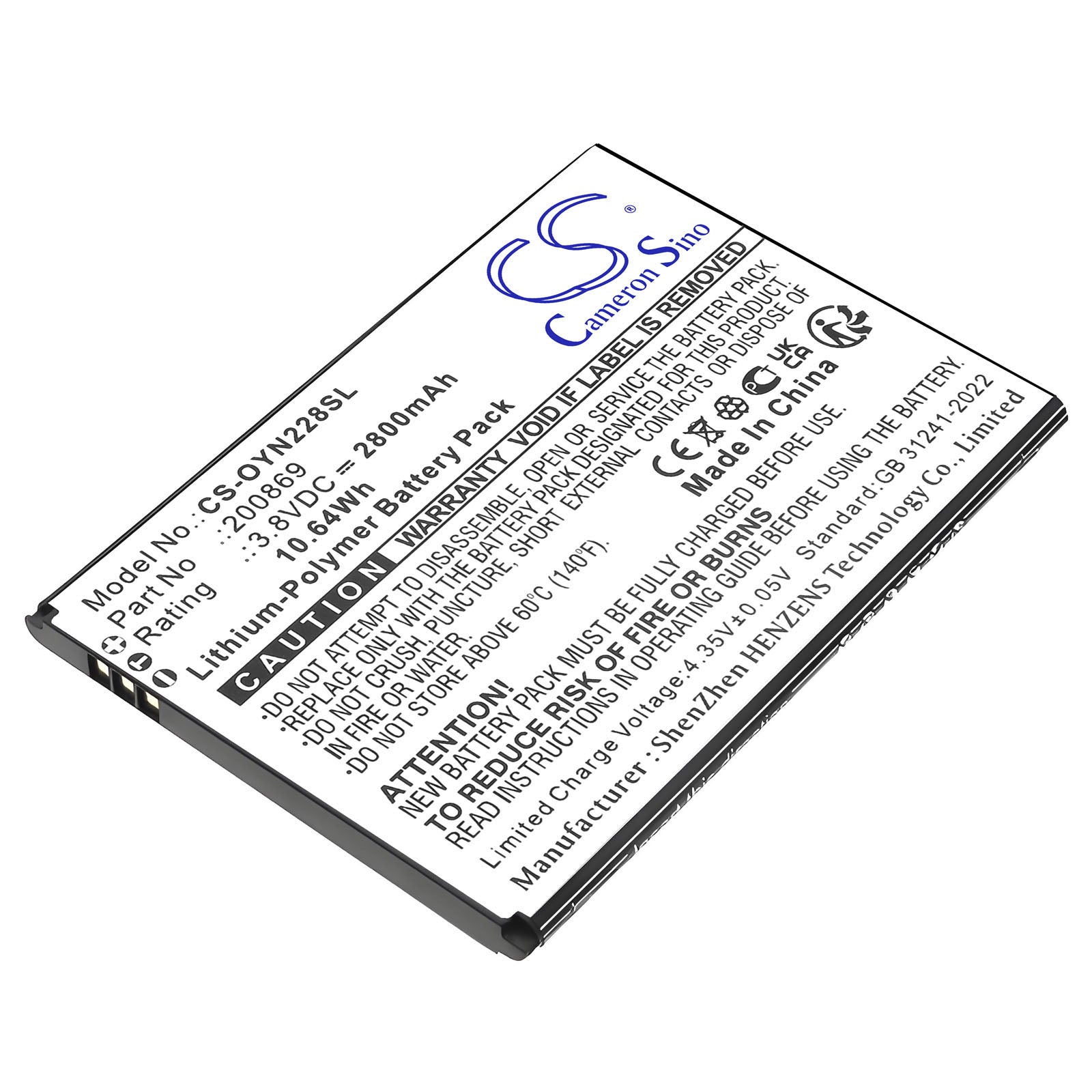 3.8V, Li-Polymer, 2800mAh, Battery fits Olympia 2286, NEO, 10.64Wh Mobile, SmartPhone Cameron Sino Technology Limited