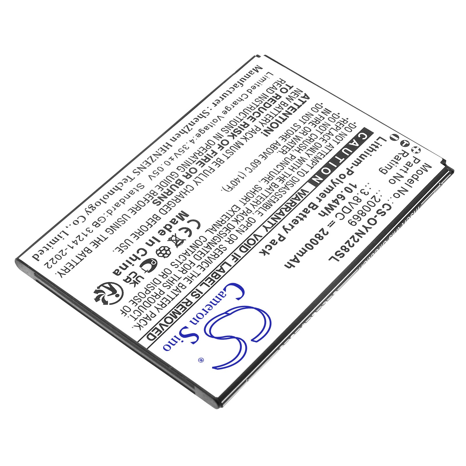 3.8V, Li-Polymer, 2800mAh, Battery fits Olympia 2286, NEO, 10.64Wh Mobile, SmartPhone Cameron Sino Technology Limited