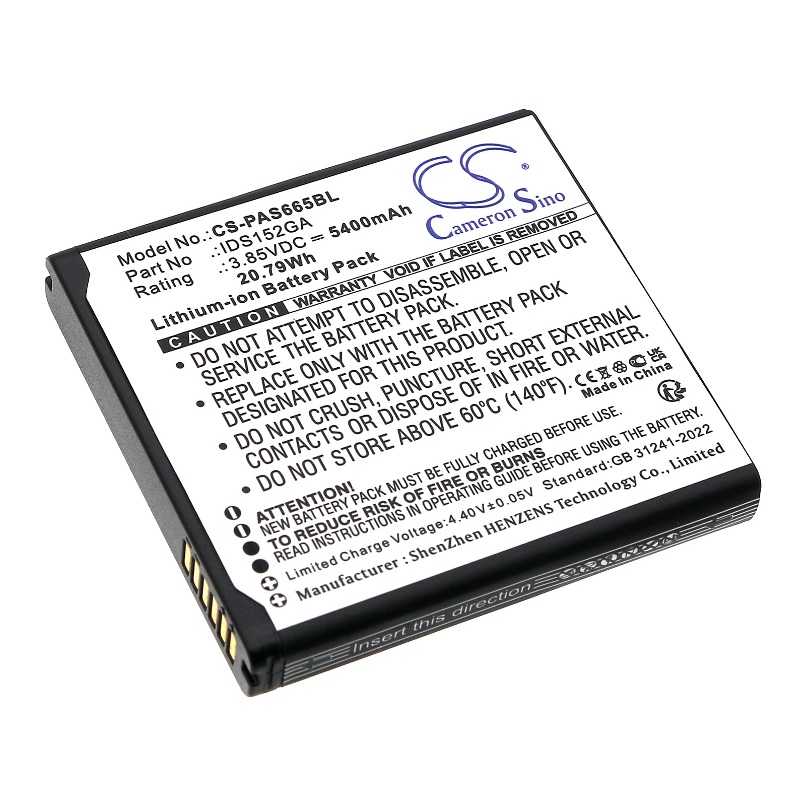 3.85V, Li-ion, 5400mAh, Battery fits Pax IDS152GA, 20.79Wh Payment Terminal Cameron Sino Technology Limited