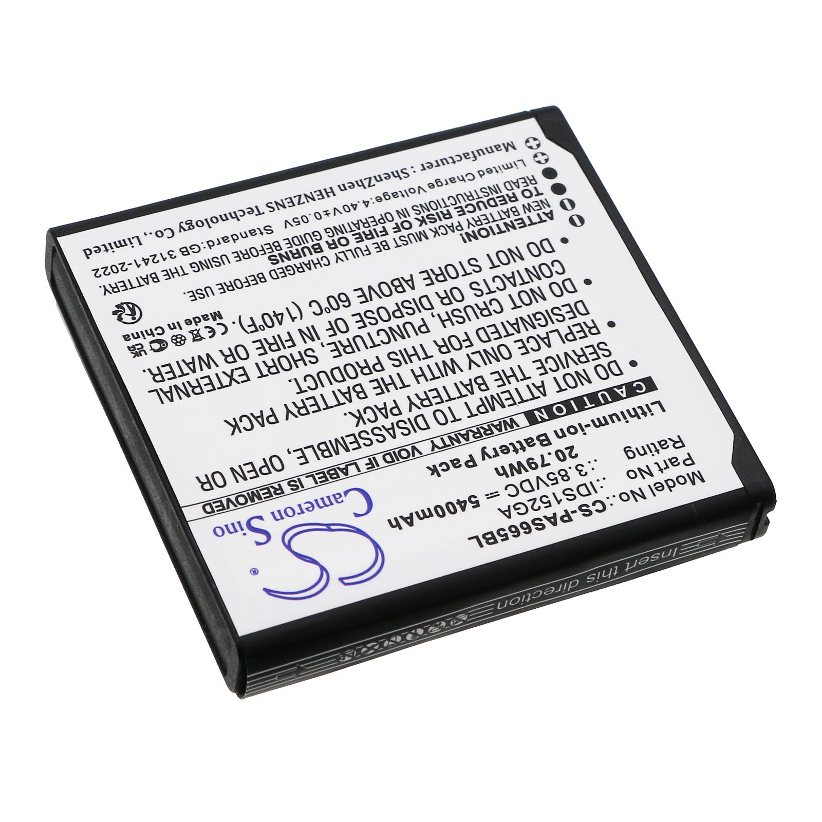 3.85V, Li-ion, 5400mAh, Battery fits Pax IDS152GA, 20.79Wh Payment Terminal Cameron Sino Technology Limited