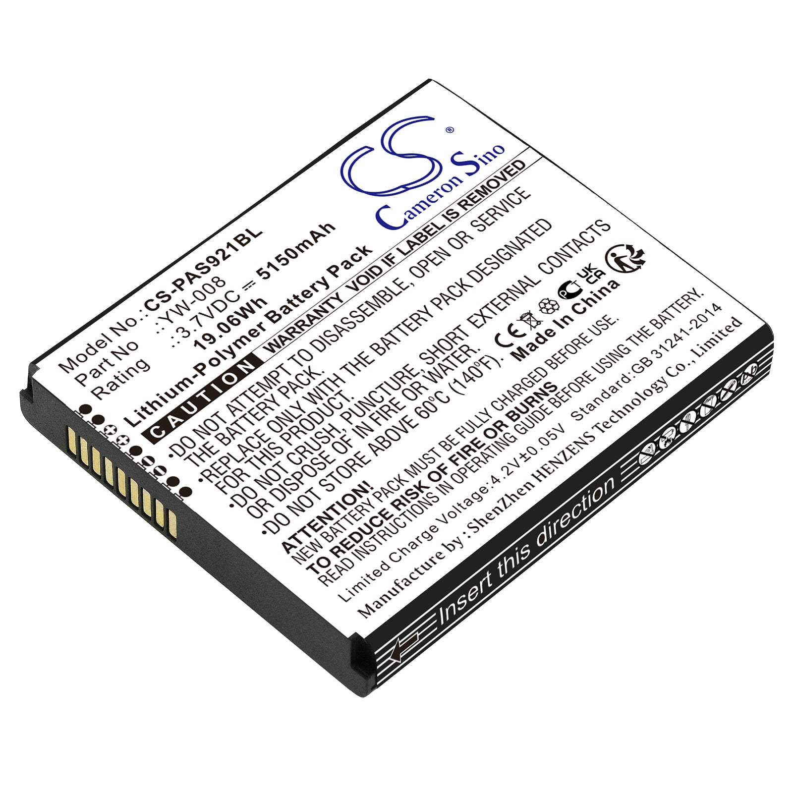 Li-Polymer, Payment Terminal Battery fits Pax A920 Pro, 3.7V, 5150mAh Payment Terminal Cameron Sino Technology Limited