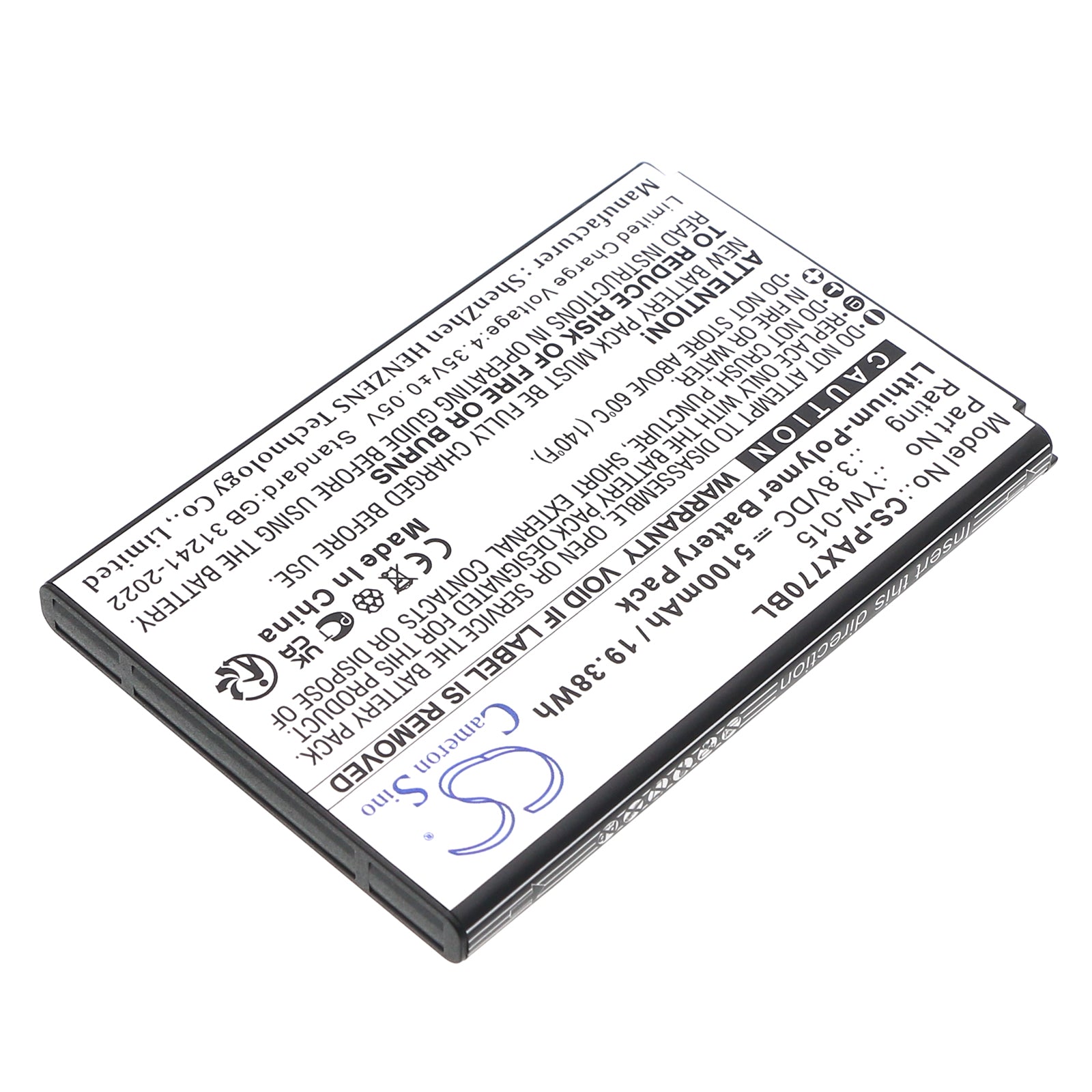 3.8V, Li-Polymer, 5100mAh, Battery fits Pax A77, 19.38Wh Payment Terminal Cameron Sino Technology Limited
