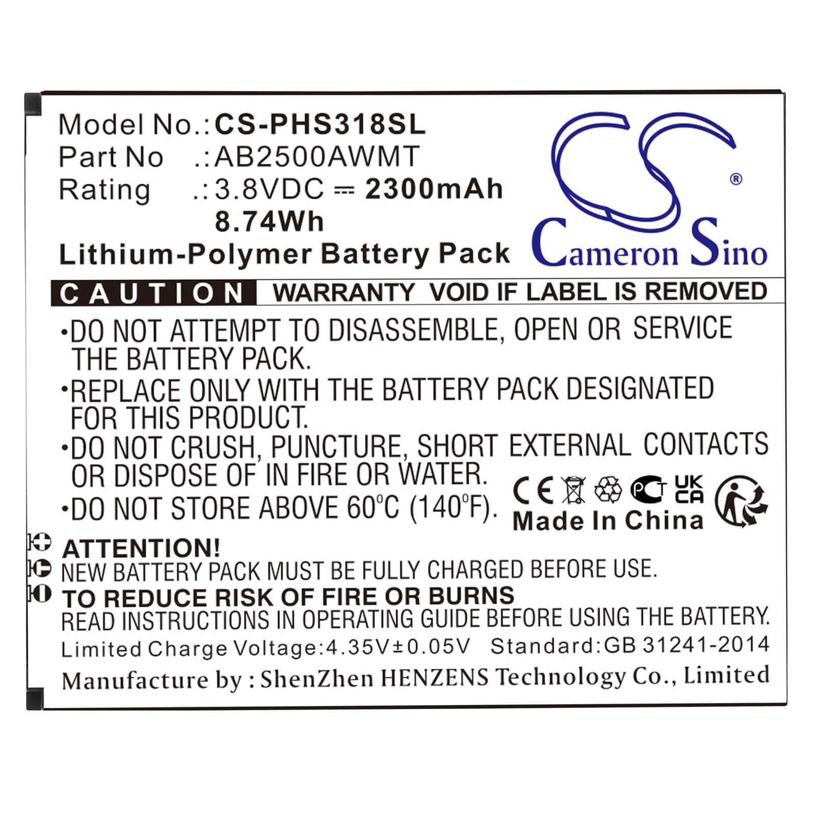 Li-ion Battery fits Philips, Cts318, Xenium S318 3.7V, 2300mAh Mobile & SmartPhone Cameron Sino Technology Limited