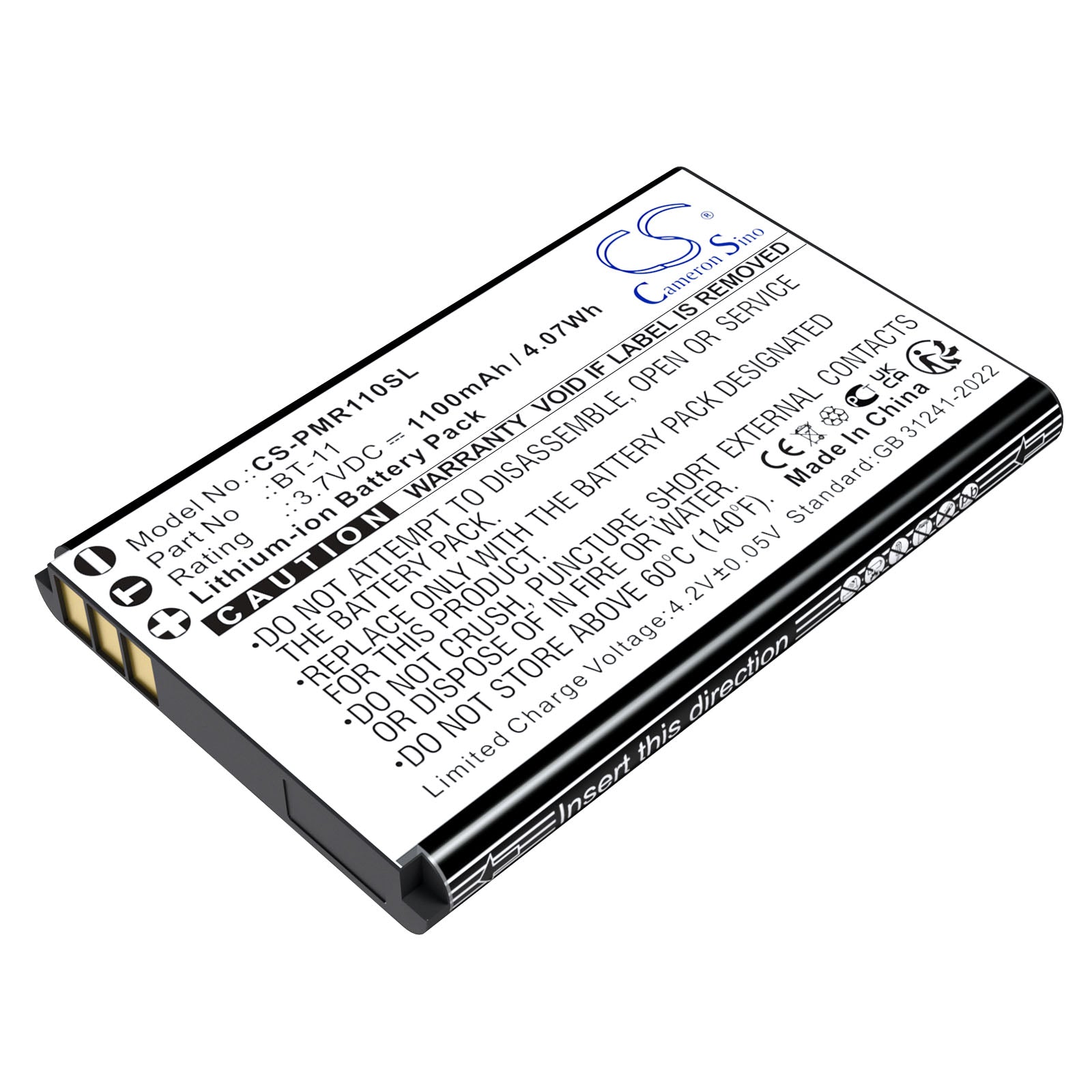 3.7V, Li-ion, 1100mAh, Battery fits Pliant MicroCom M 900MHz, MicroCom M Beltpacks, 4.07Wh Speaker Cameron Sino Technology Limited