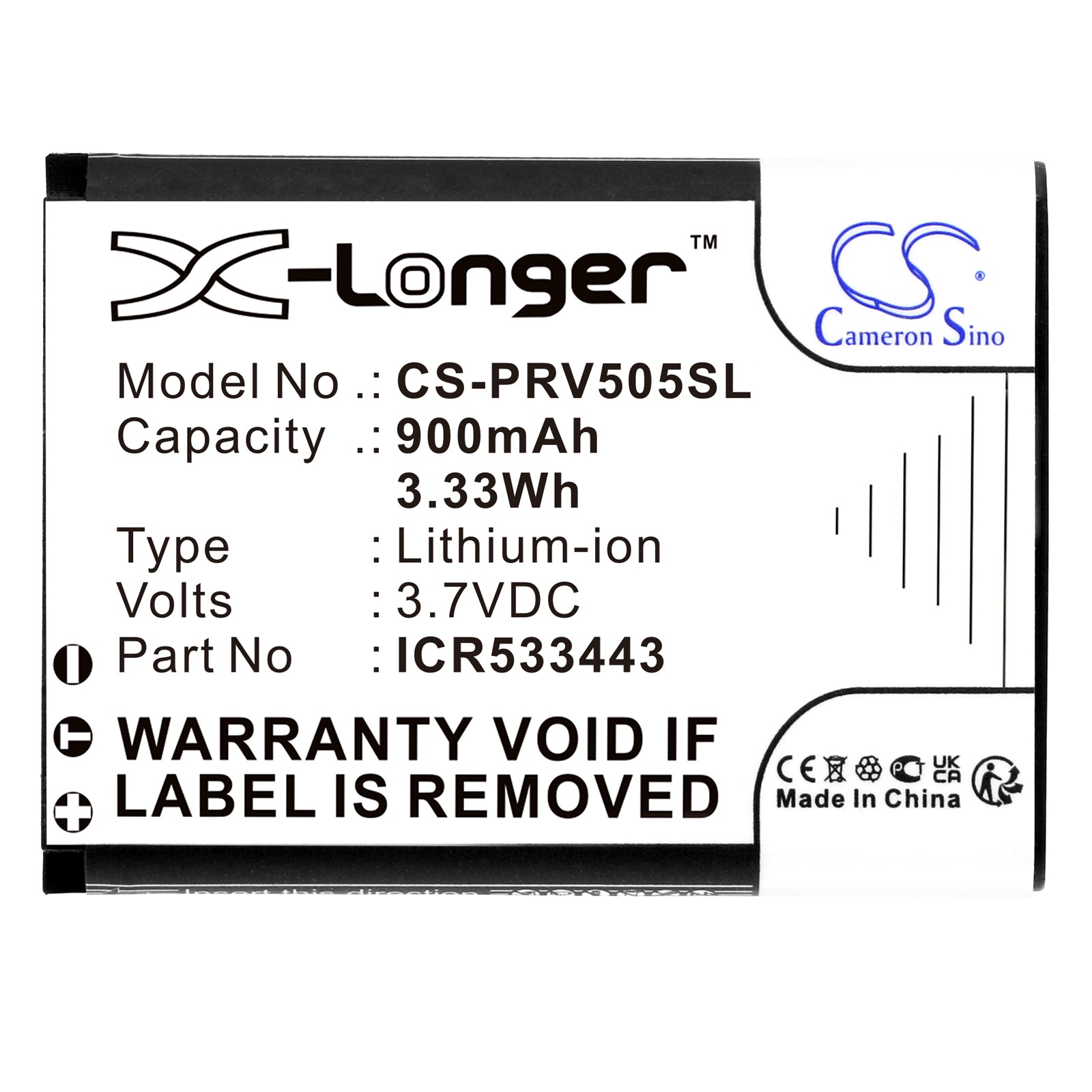 Li-ion, Dashcam Battery fits Prestigio Pcdvrr505, Roadrunner 505, 3.7V, 900mAh Dashcam Cameron Sino Technology Limited