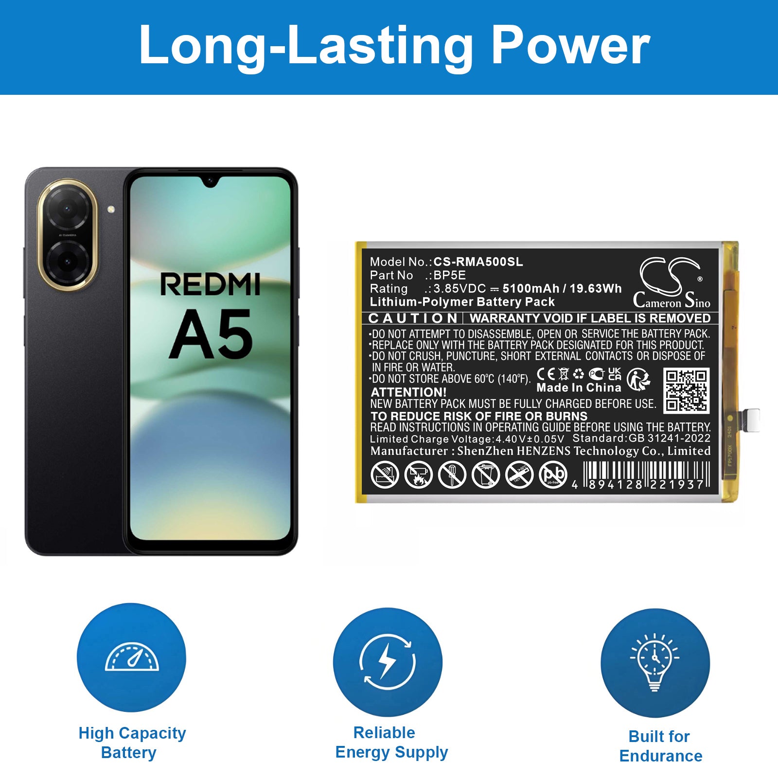 3.85V, Li-Polymer, 5100mAh, Battery fits Redmi A5 4G, 19.64Wh Mobile, SmartPhone Cameron Sino Technology Limited