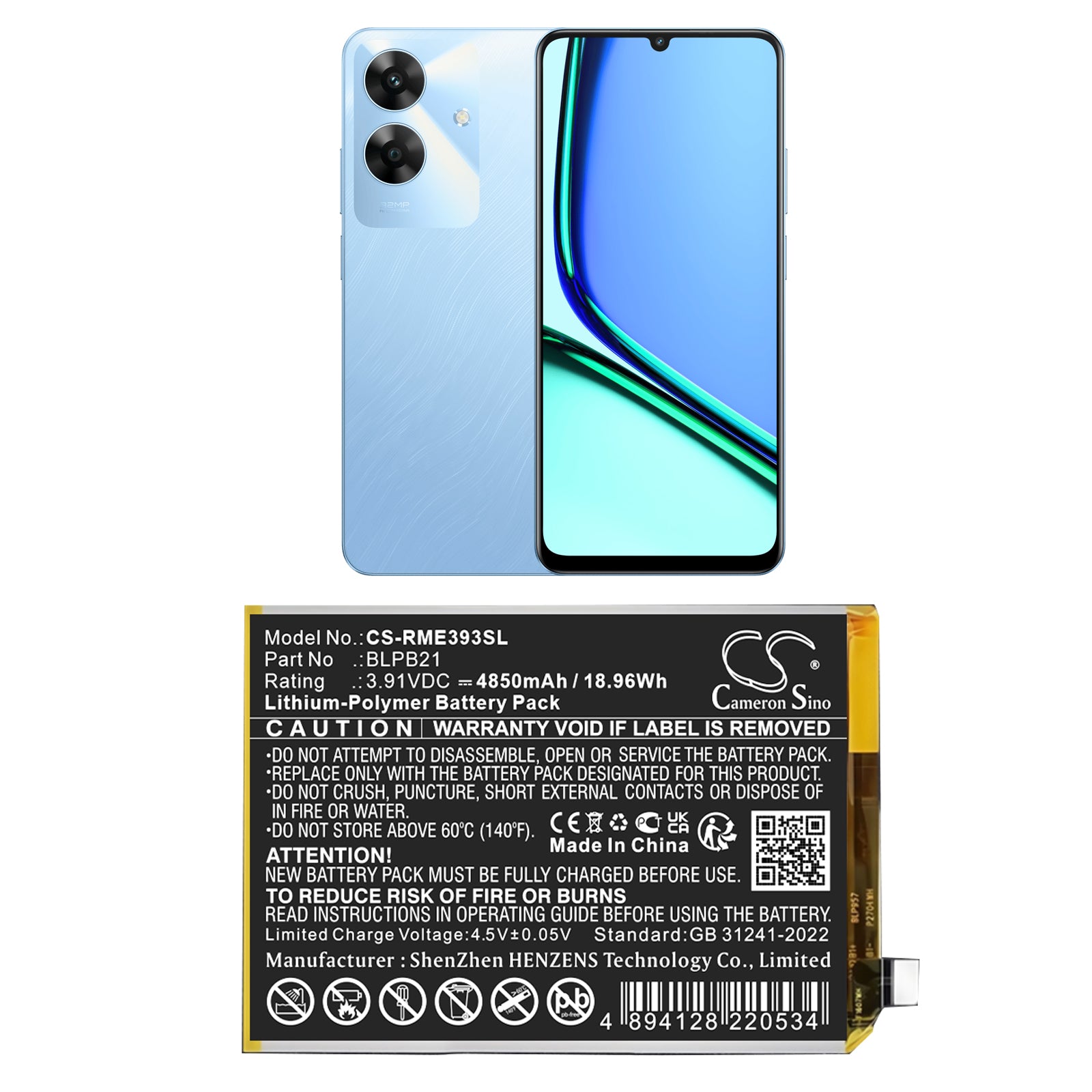 3.91V, Li-Polymer, 4850mAh, Battery fits Realme Note 60, Note 60x, 18.96Wh Mobile, SmartPhone Cameron Sino Technology Limited