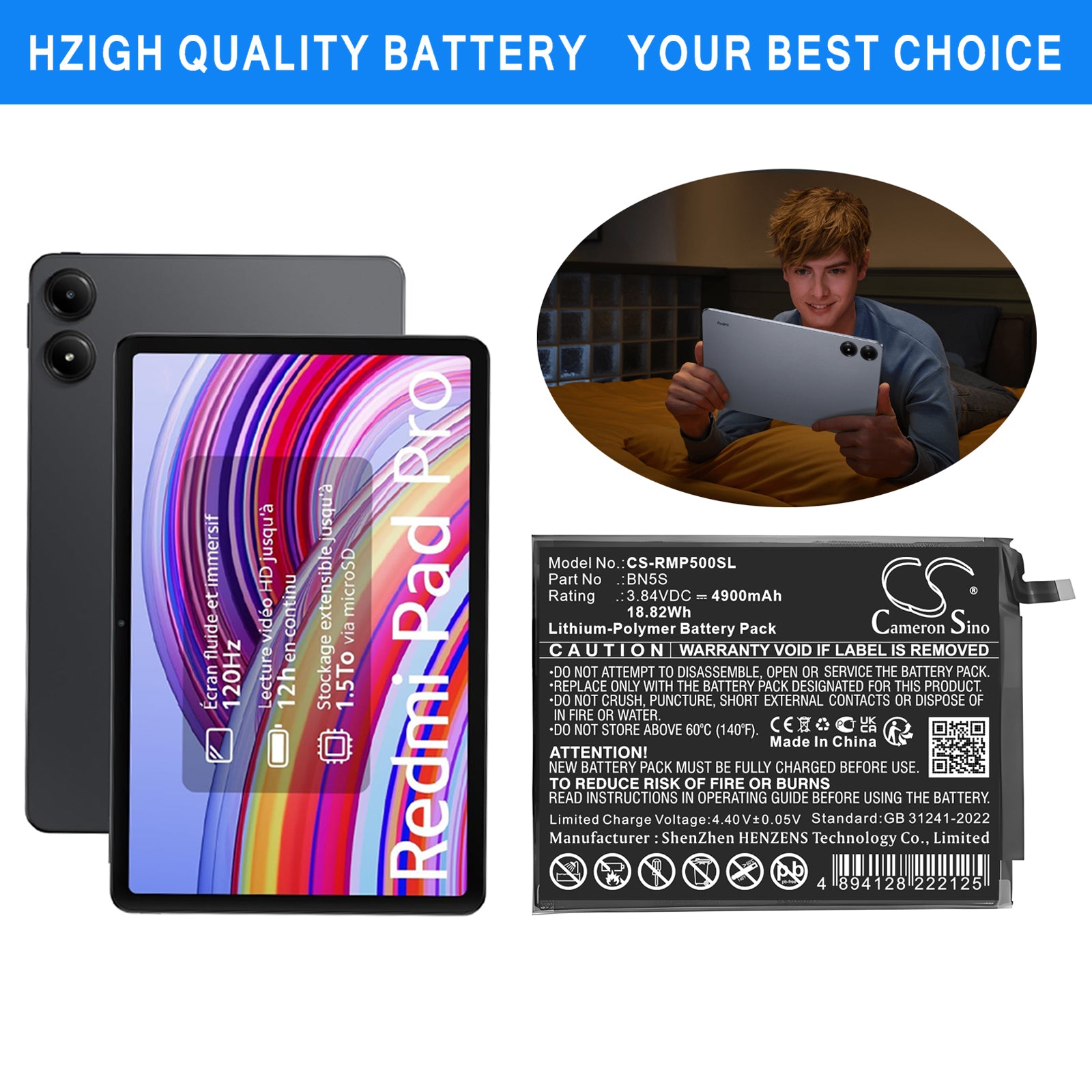 Redmi Pad Pro Battery 4900mAh Li Polymer 3.84V Tablet Cameron Sino Technology Limited