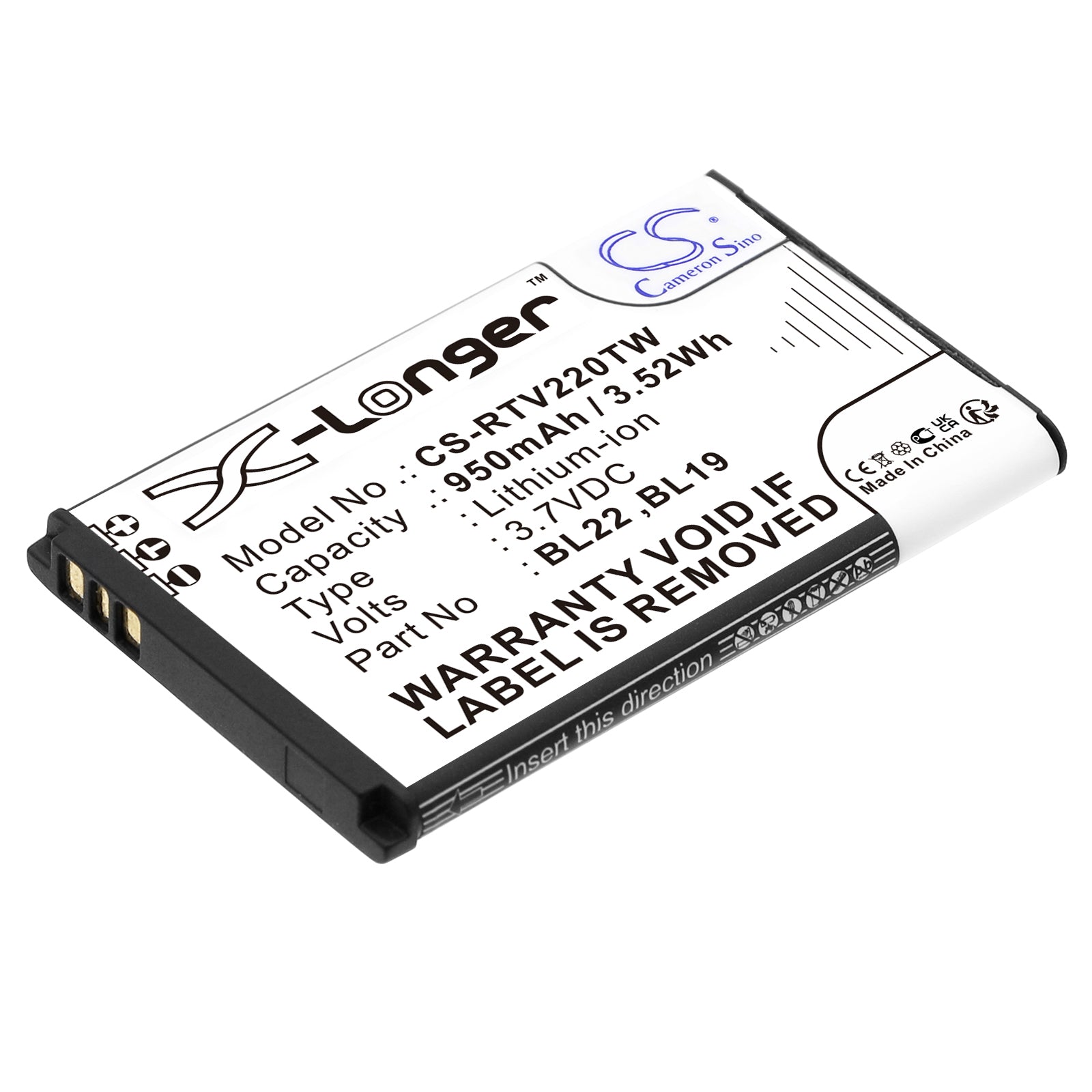 Li-ion, Two-Way Radio Battery fits Retevis Dt22, Rt15, 3.7V, 950mAh Two-Way Radio Cameron Sino Technology Limited