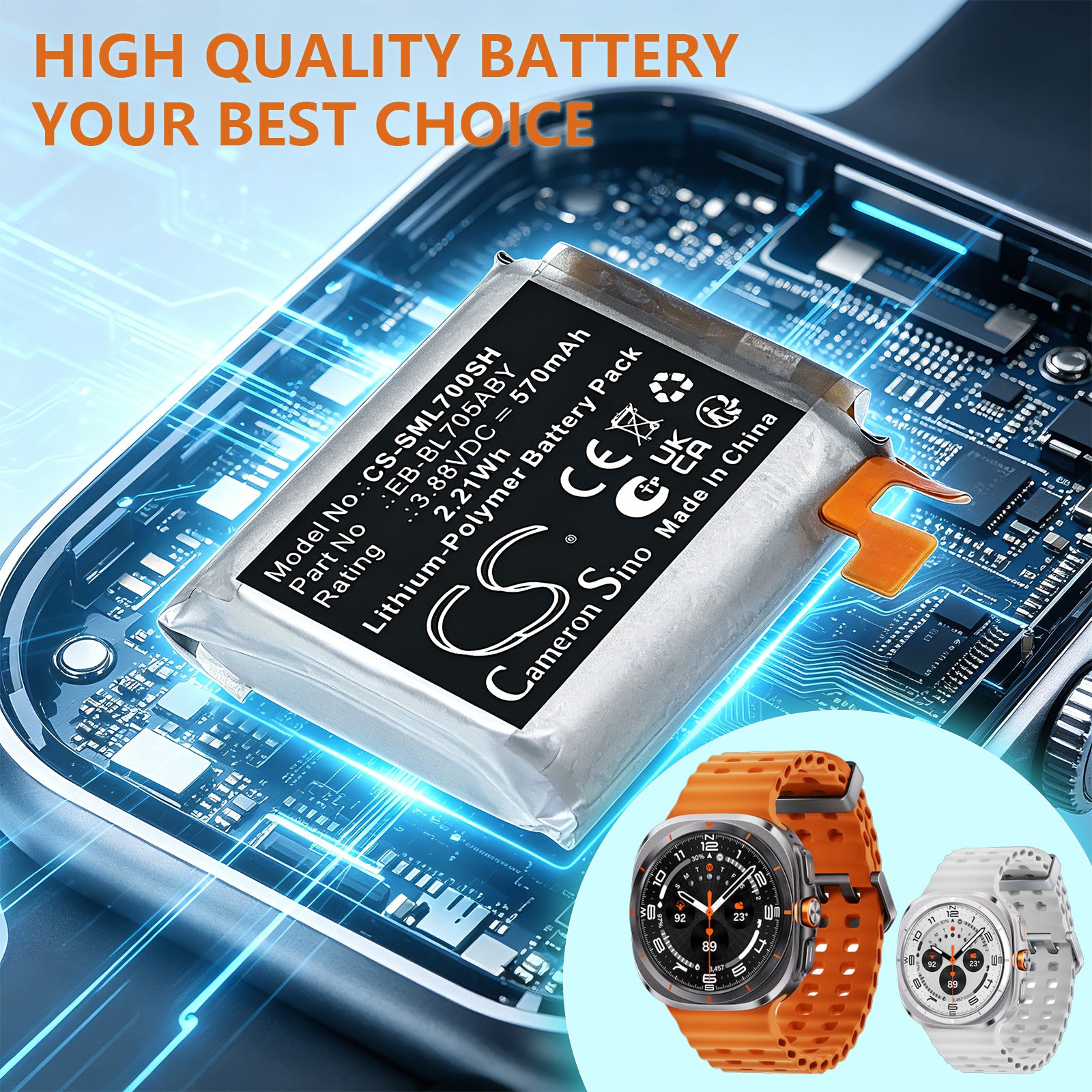 3.88V, Li-Polymer, 570mAh, Battery fits Samsung Galaxy Watch 7 Ultra 47mm, Galaxy Watch Ultra 2025 47mm, 2.21Wh Smartwatch Cameron Sino Technology Limited