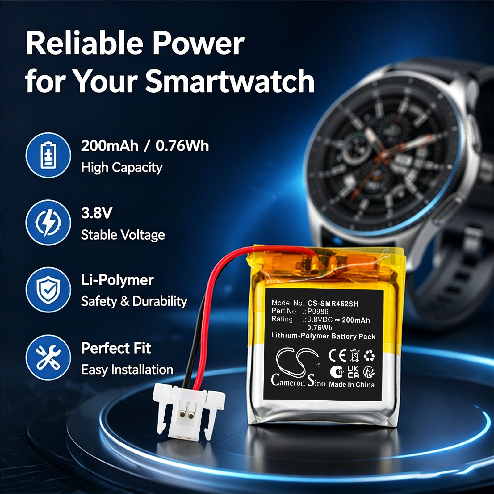 3.8V, Li-Polymer, 200mAh, Battery fits Samsung 282223, Watch 282223, 0.76Wh Smartwatch Cameron Sino Technology Limited