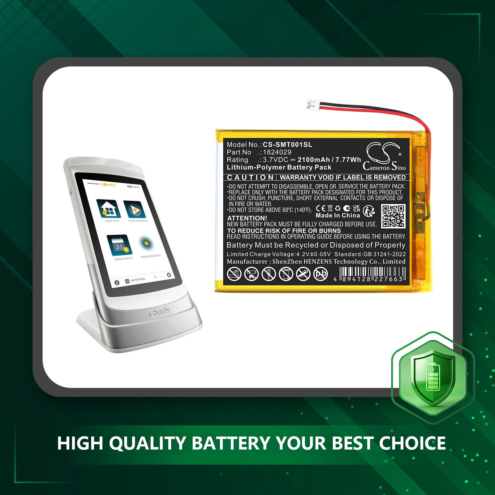 3.7V, Li-Polymer, 2100mAh, Battery fits Somfy 1824029, TaHoma Pad io, 7.77Wh Smart Home Cameron Sino Technology Limited