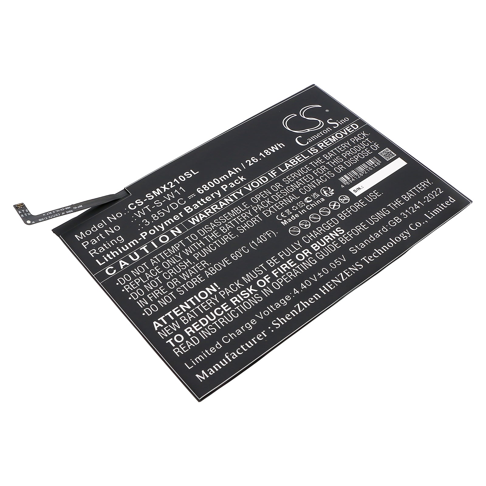 3.85V, Li-Polymer, 6800mAh, Battery fits Samsung Galaxy Tab A9+ 5G 11, SM-X210, 26.18Wh Tablet Cameron Sino Technology Limited
