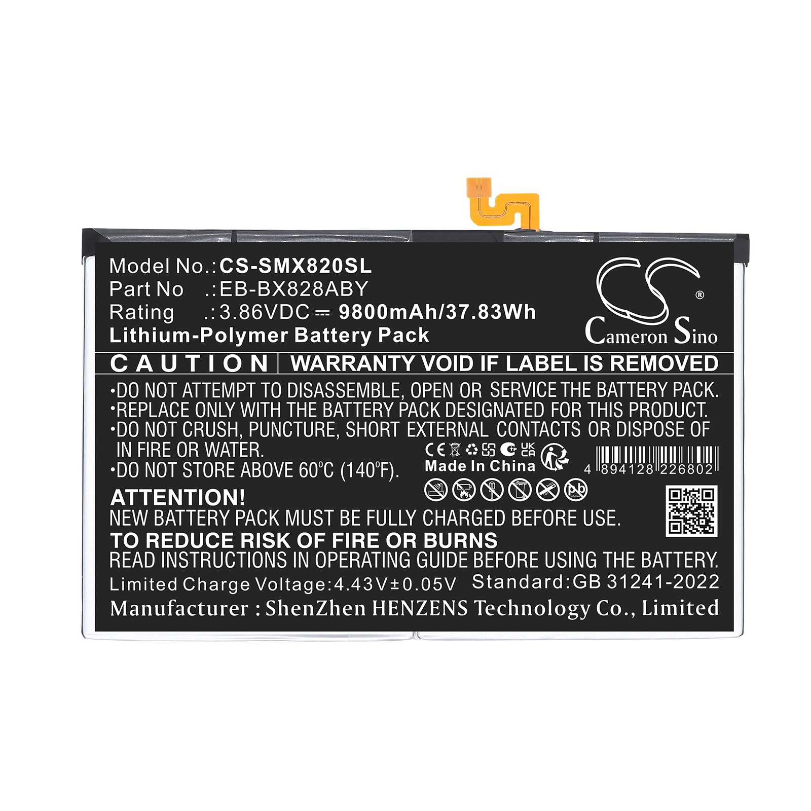 3.86V, Li-Polymer, 9800mAh, Battery fits Samsung Galaxy Tab S10+, SM-X620, 37.83Wh Tablet Cameron Sino Technology Limited