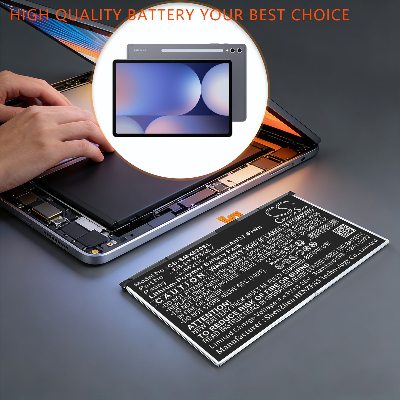 3.86V, Li-Polymer, 9800mAh, Battery fits Samsung Galaxy Tab S10+, SM-X620, 37.83Wh Tablet Cameron Sino Technology Limited