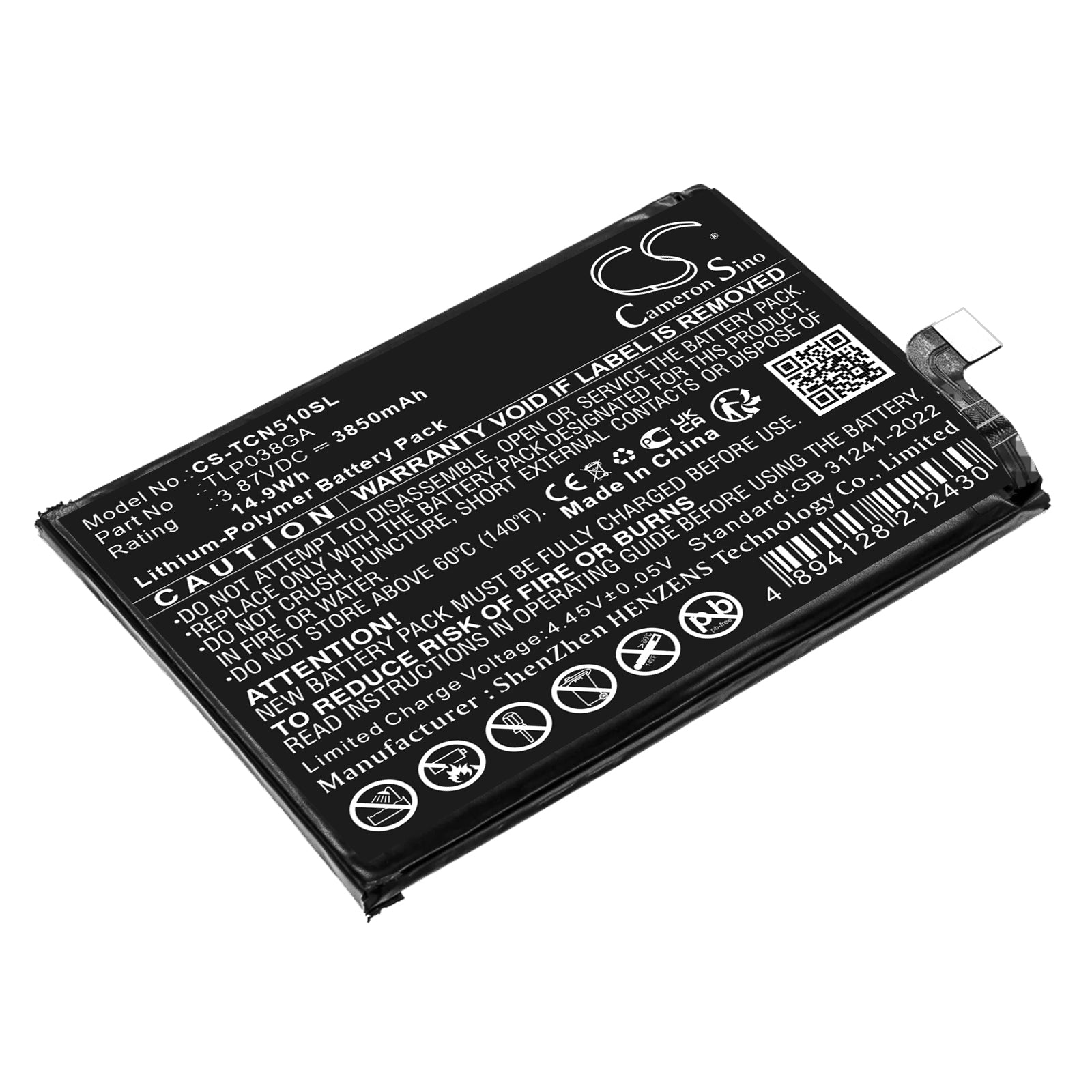 3.87V, Li-Polymer, 3850mAh, Battery fits TCL 50 LE, T510SP, 14.9Wh Mobile, SmartPhone Cameron Sino Technology Limited