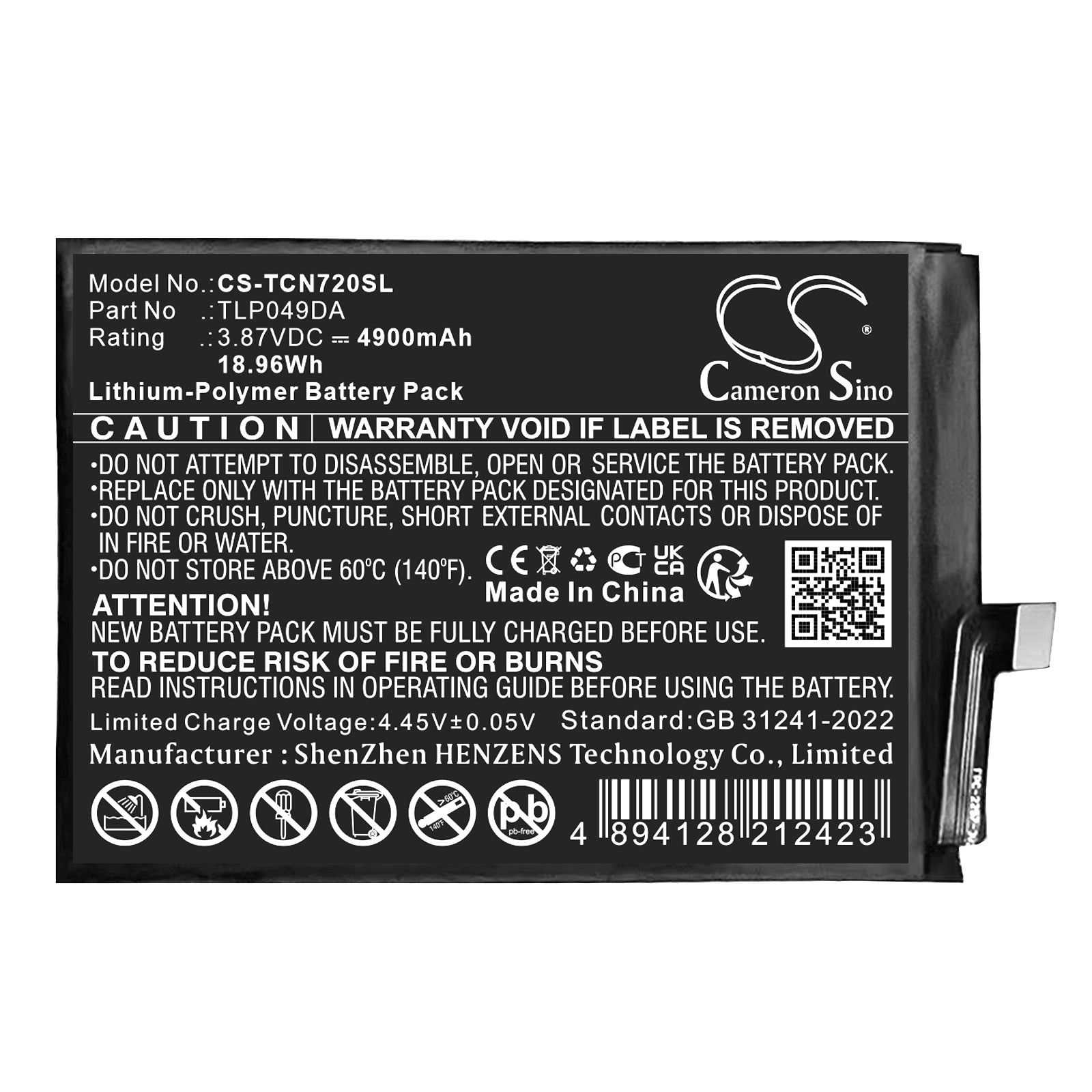 3.87V, Li-Polymer, 4900mAh, Battery fits TCL 50 Pro, NXTPAPER 5G, 18.96Wh Mobile, SmartPhone Cameron Sino Technology Limited