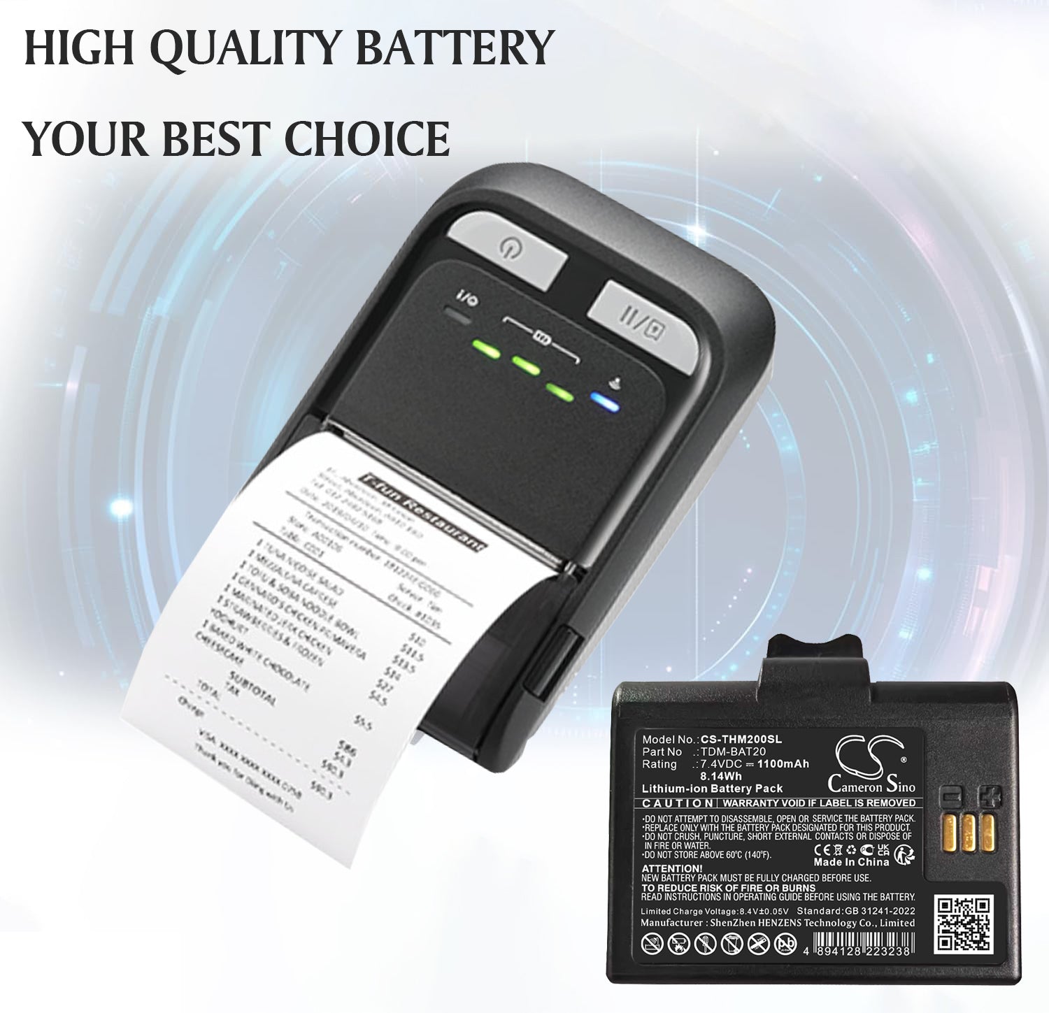 7.4V, Li-ion, 1100mAh, Battery fits TSC TDM-20, 8.14Wh Portable Printer Cameron Sino Technology Limited