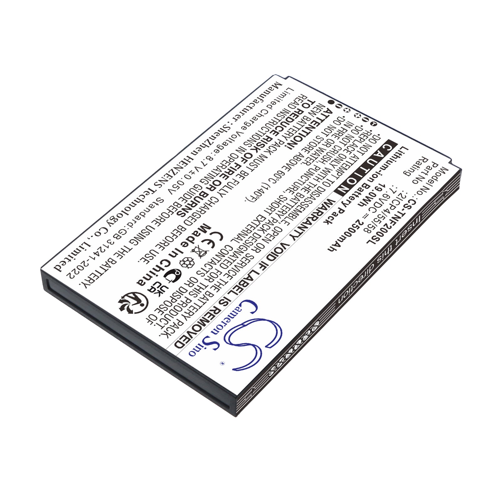 7.6V, Li-ion, 2500mAh, Battery fits Feitian F20, F20 Smart POS, 19Wh Payment Terminal Cameron Sino Technology Limited