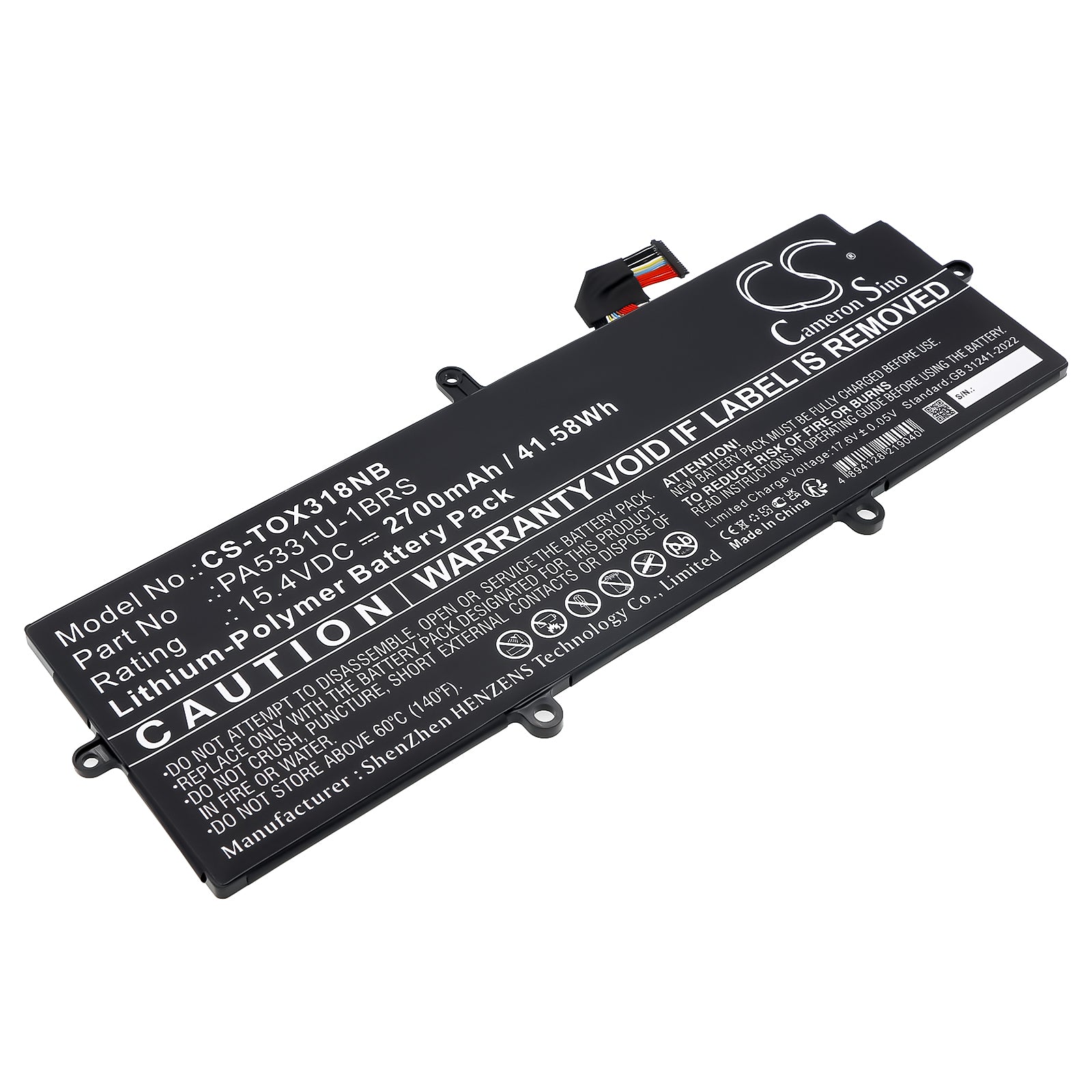 15.4V, Li-Polymer, 2700mAh, Battery fits Toshiba Dynabook Portege A30, Dynabook Portege A30-E-10K, 41.58Wh Notebook, Laptop Cameron Sino Technology Limited