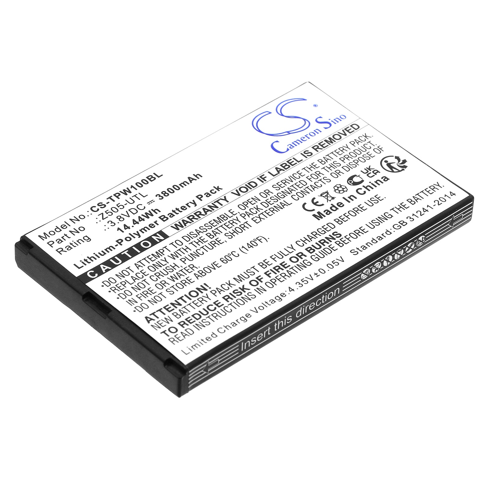 Li-Polymer, Payment Terminal Battery fits Topwise T1, 3.8V, 3800mAh Payment Terminal Cameron Sino Technology Limited