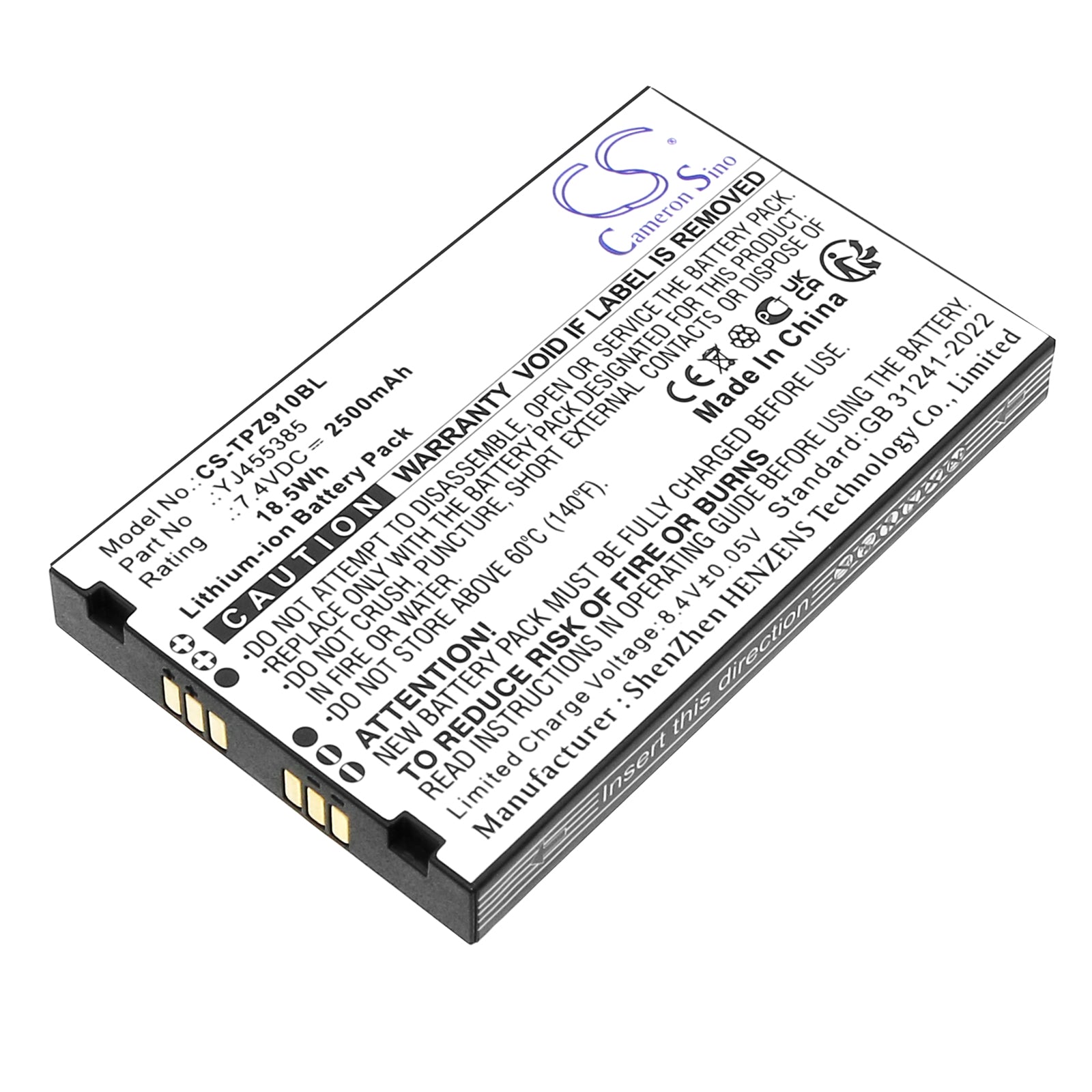 7.4V, Li-ion, 2500mAh, Battery fits Topwise Z91, 18.5Wh Payment Terminal Cameron Sino Technology Limited