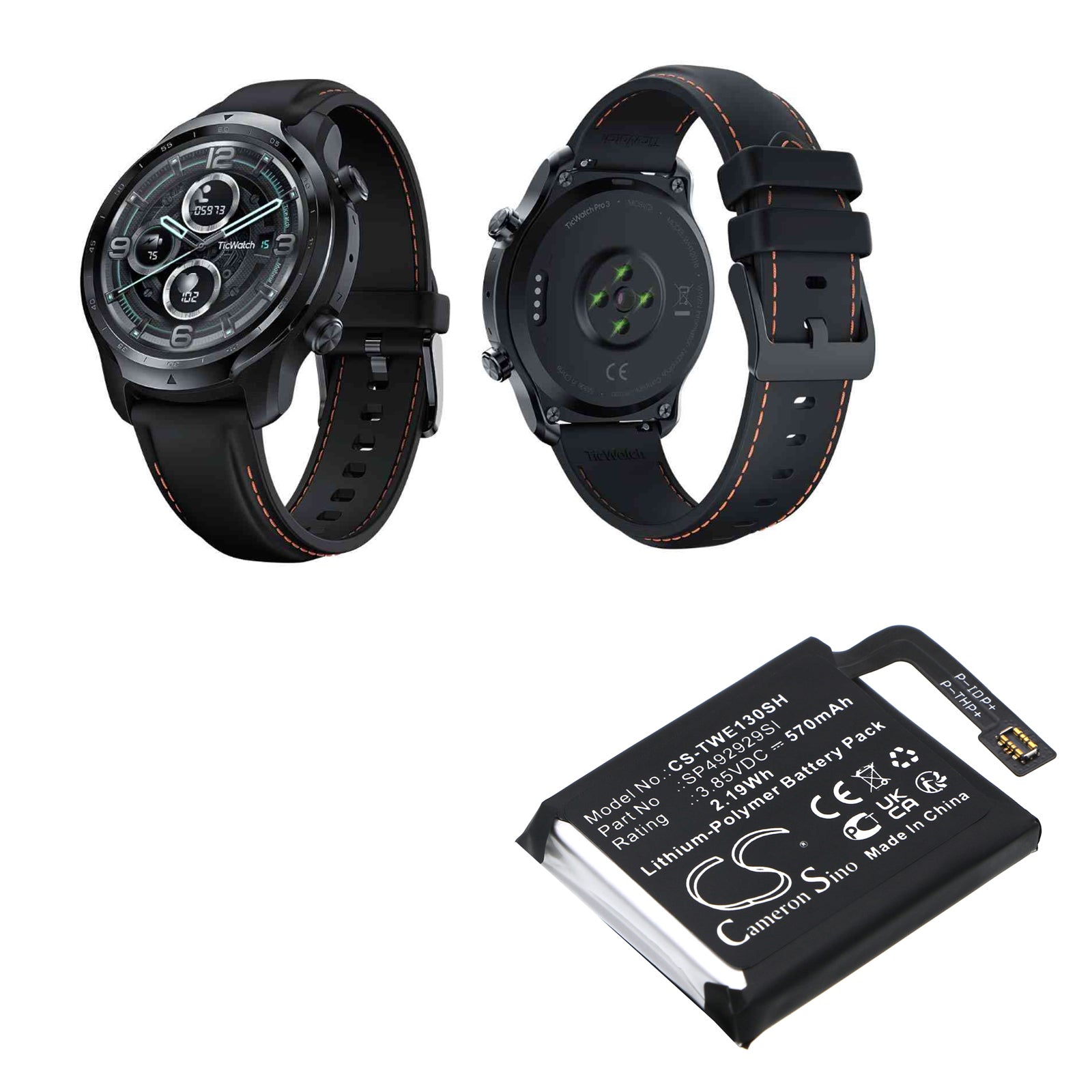 Li-Polymer, Smartwatch Battery fits Ticwatch Pro 3, 3.85V, 570mAh Smartwatch Cameron Sino Technology Limited
