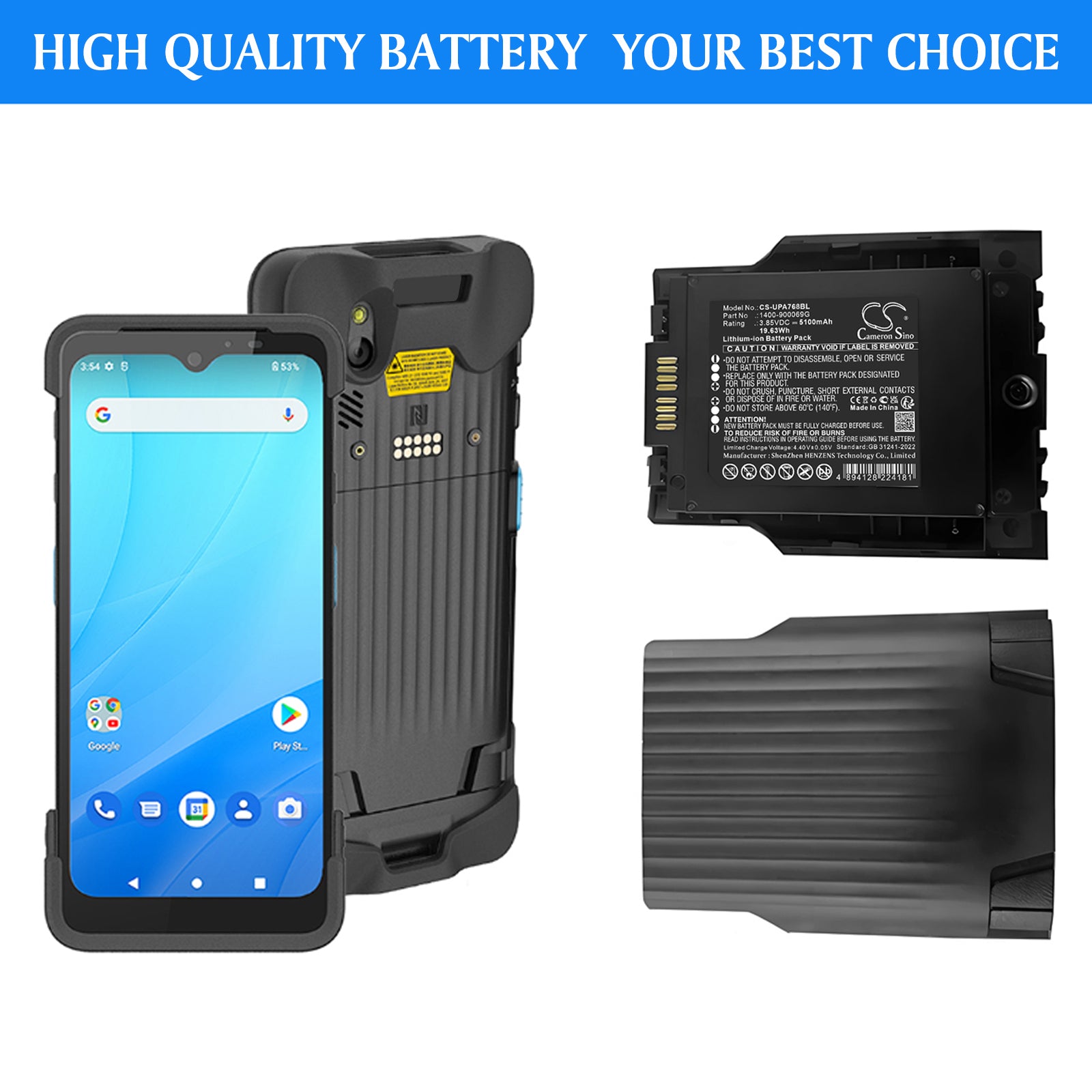 3.85V, Li-ion, 5100mAh, Battery fits Unitech PA768, PA768 Rugged Mobile Computer, 19.64Wh Barcode Scanner Cameron Sino Technology Limited