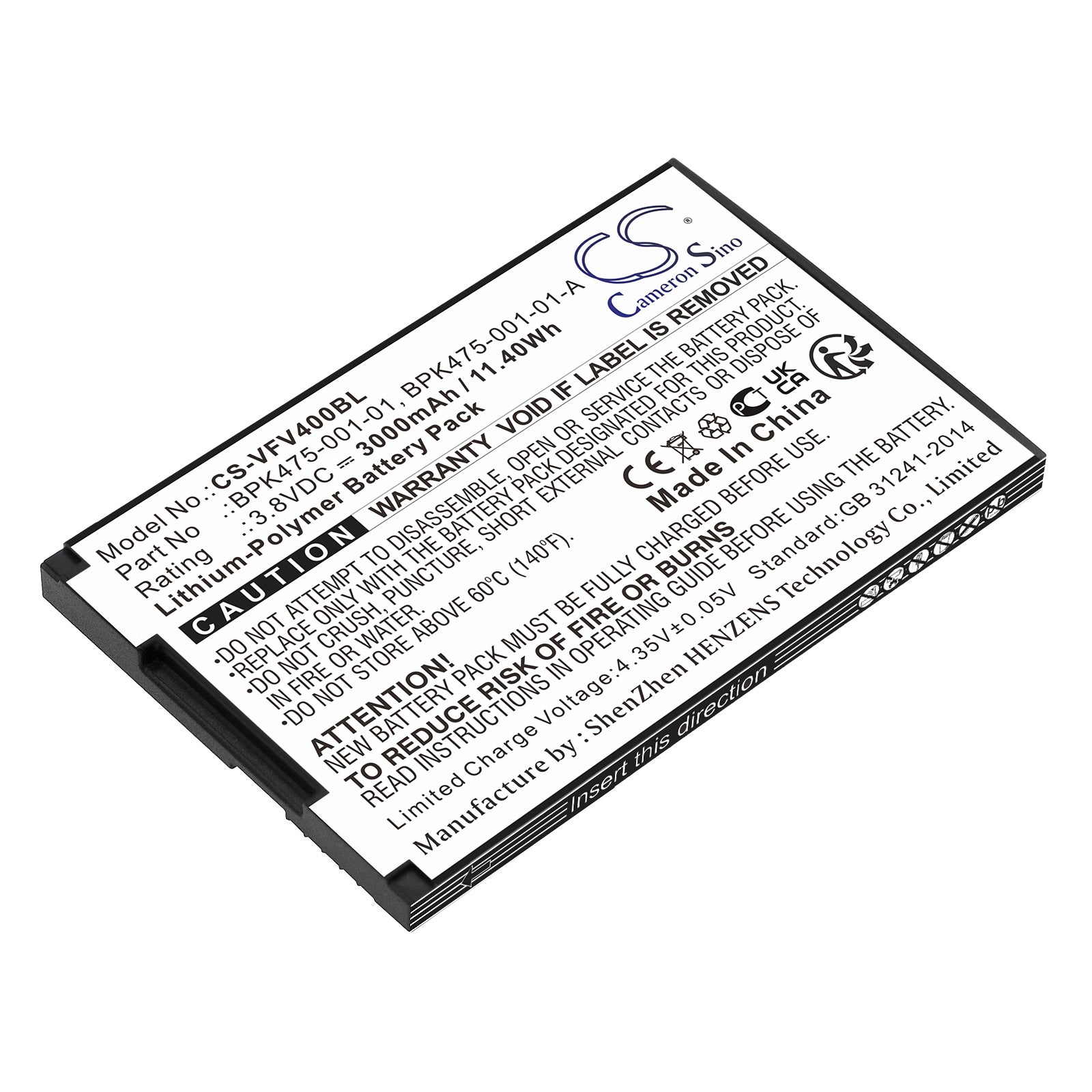 Li-Polymer, Payment Terminal Battery fits Verifone M435-003-04-naa-s, V400m, 3.8V, 3000mAh Payment Terminal Cameron Sino Technology Limited