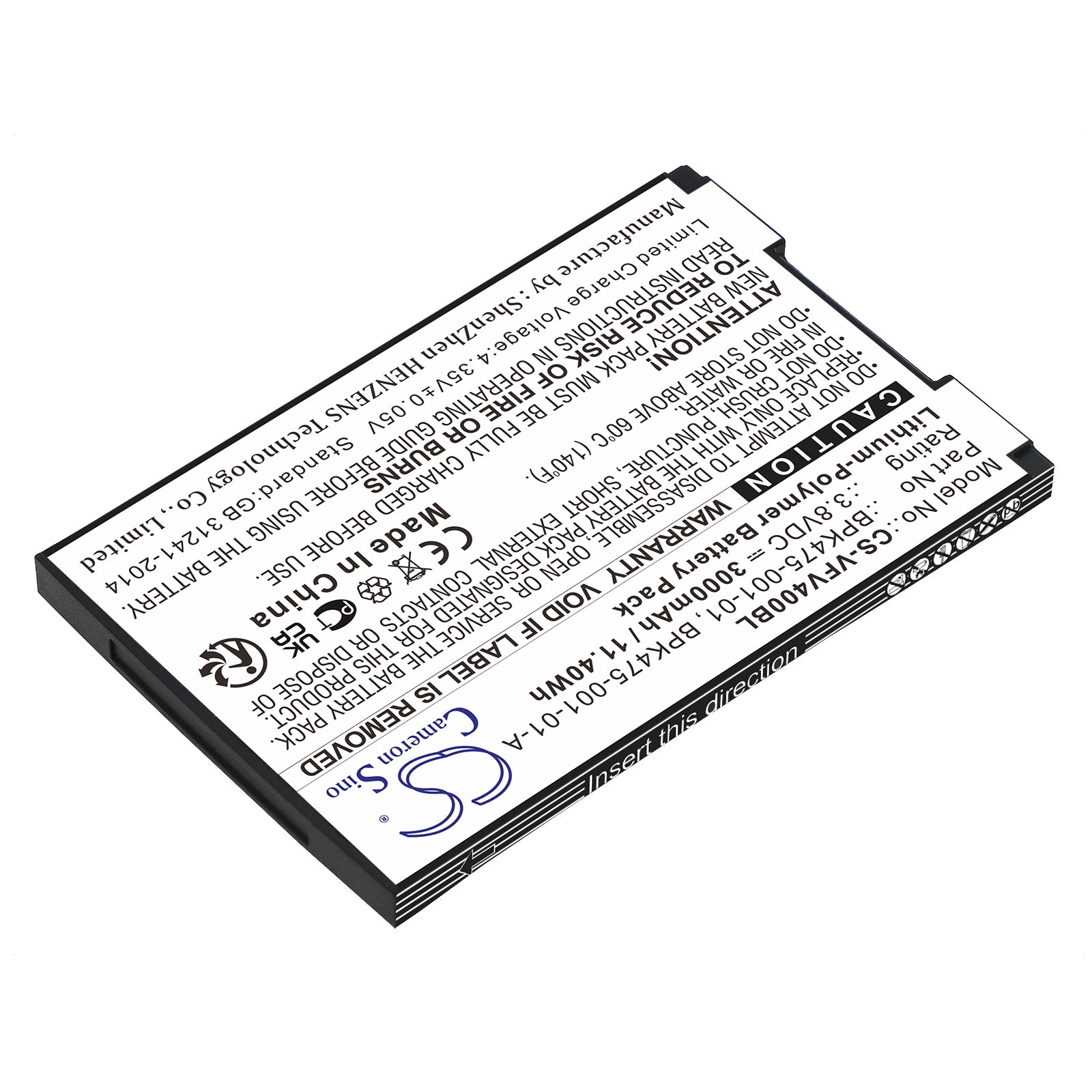 Li-Polymer, Payment Terminal Battery fits Verifone M435-003-04-naa-s, V400m, 3.8V, 3000mAh Payment Terminal Cameron Sino Technology Limited