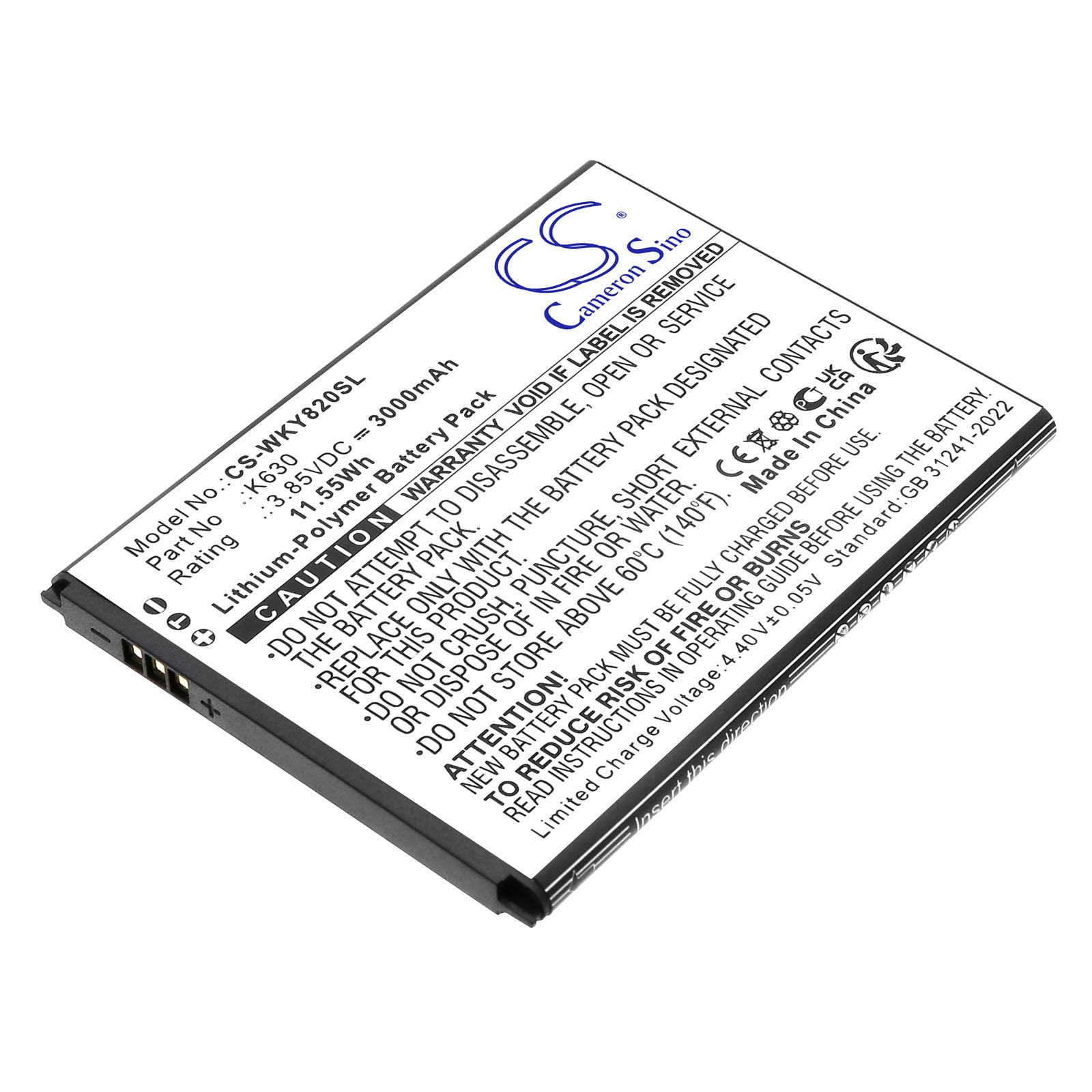 3.85V, Li-Polymer, 3000mAh, Battery fits Wiko Y82, 11.55Wh Mobile, SmartPhone Cameron Sino Technology Limited