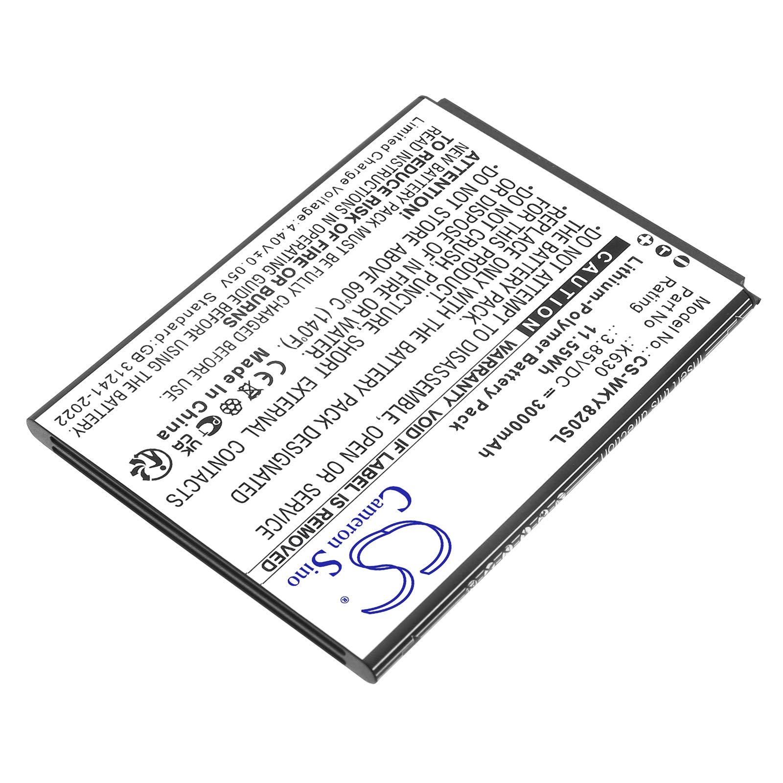 3.85V, Li-Polymer, 3000mAh, Battery fits Wiko Y82, 11.55Wh Mobile, SmartPhone Cameron Sino Technology Limited
