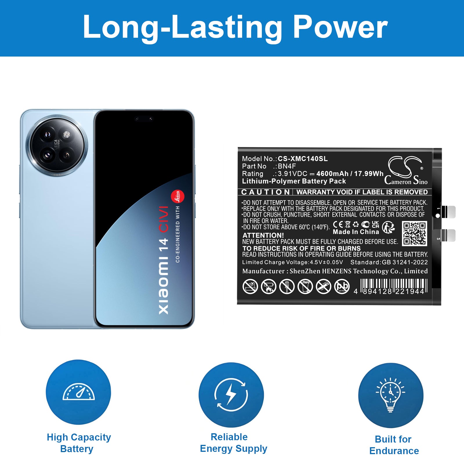 3.91V, Li-Polymer, 4600mAh, Battery fits Xiaomi 14 CIVI, 24053PY09C, 17.99Wh Mobile, SmartPhone Cameron Sino Technology Limited