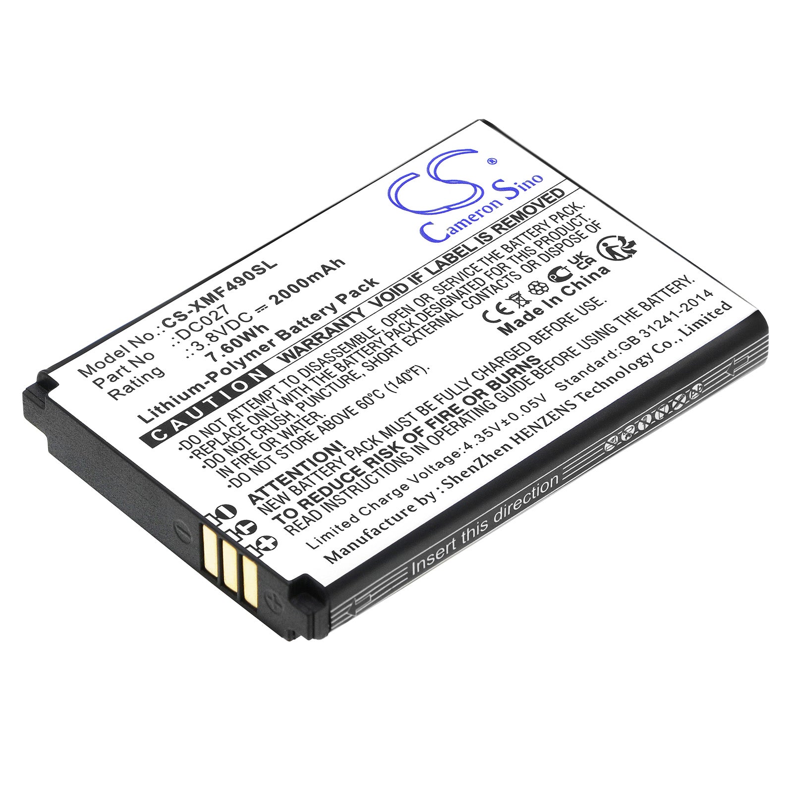Li-Polymer, Hotspot Battery fits Xiaomi F490 4g, 3.8V, 2000mAh Hotspot Cameron Sino Technology Limited