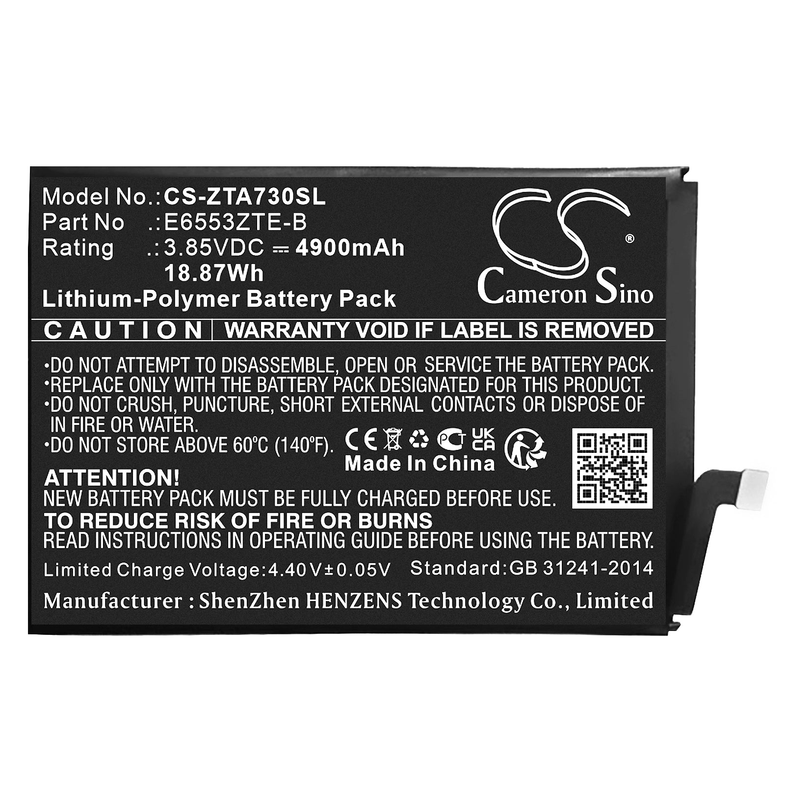 3.85V, Li-Polymer, 4900mAh, Battery fits ZTE Blade A73 4G, 18.87Wh Mobile, SmartPhone Cameron Sino Technology Limited