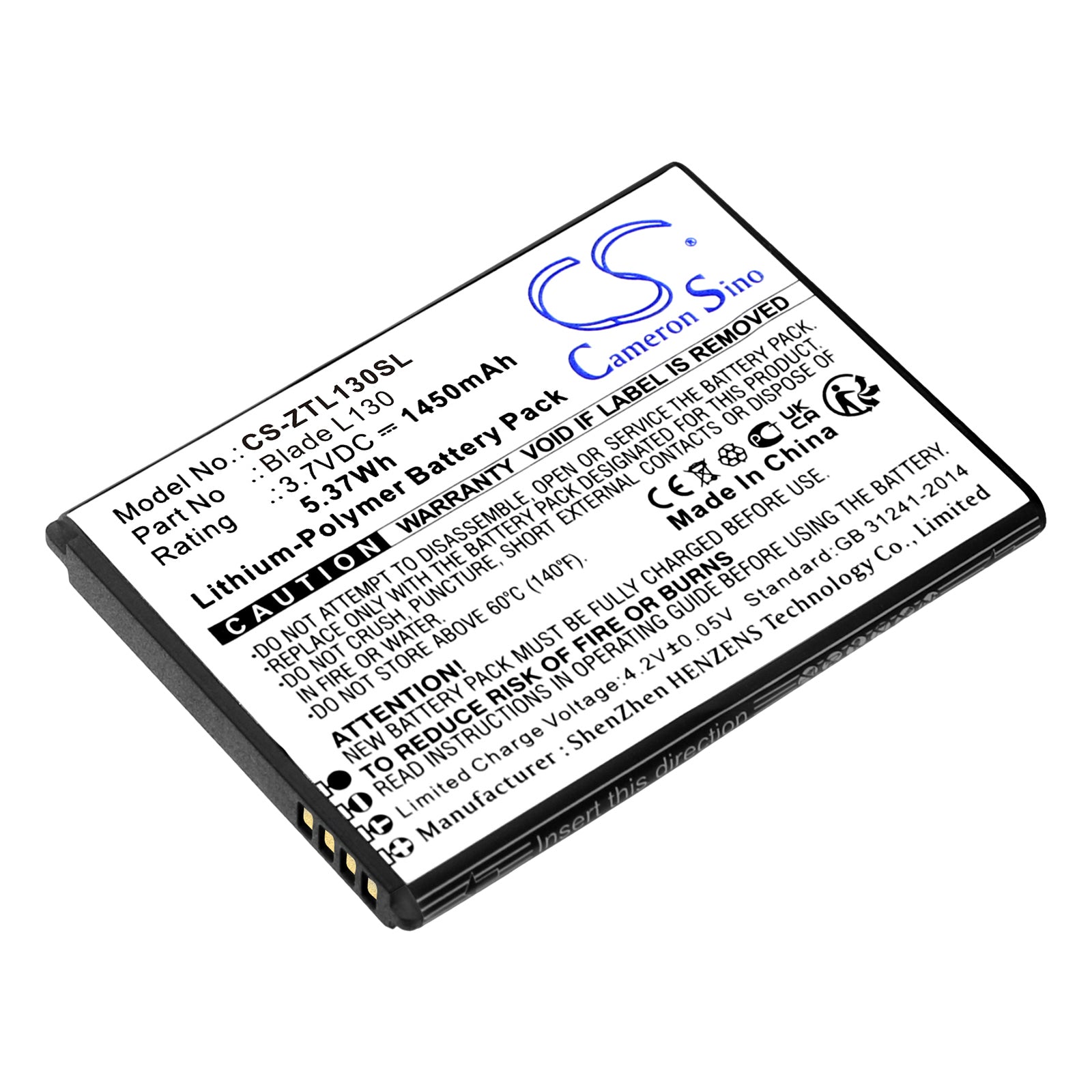 Li-Polymer, Mobile, SmartPhone Battery fits Zte Blade L130, Grand Max, 3.7V, 1450mAh Mobile, SmartPhone Cameron Sino Technology Limited