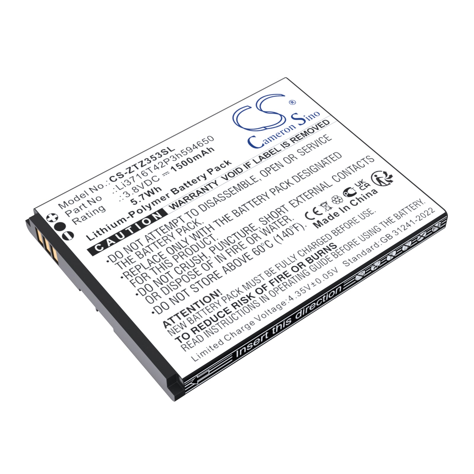 3.8V, Li-Polymer, 1500mAh, Battery fits ZTE 353VL, 5.7Wh Mobile, SmartPhone Cameron Sino Technology Limited
