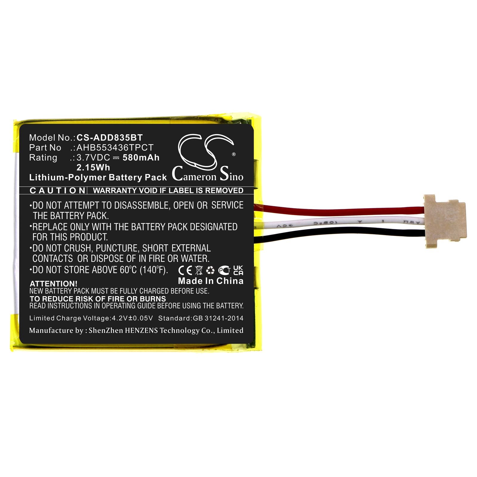 Battery fits Adt Dbc835, Dbc835-v2, 2.15Wh, 3.7V, Li-Polymer, 580mAh Home Security Camera Cameron Sino Technology Limited