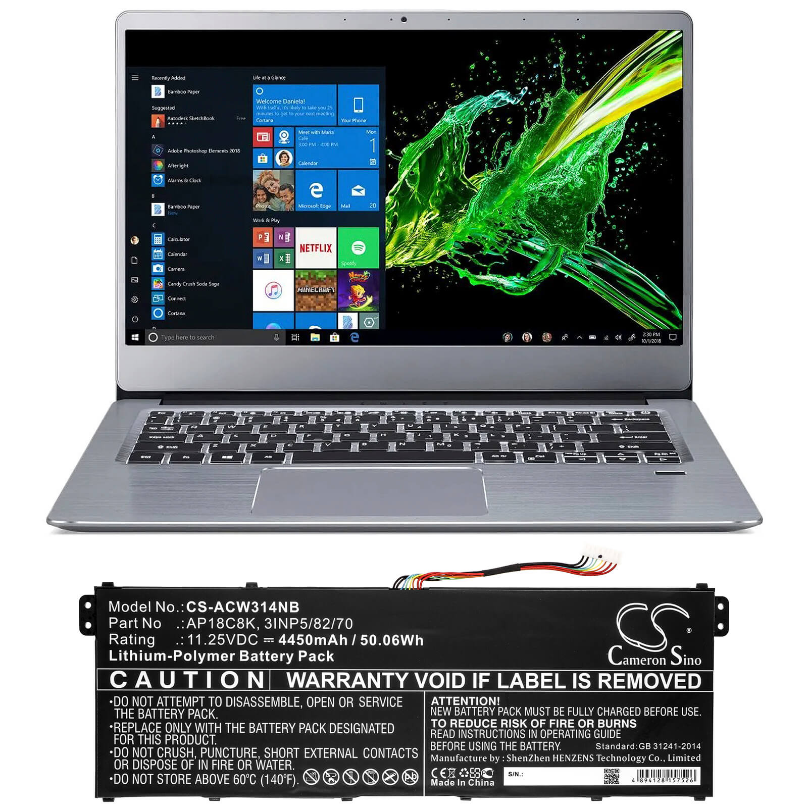 Li-ion Battery fits Acer, Aspire 5 A514-52-58u3, Chromebook 314 C933 11.25V, 4450mAh Notebook & Laptop Cameron Sino Technology Limited