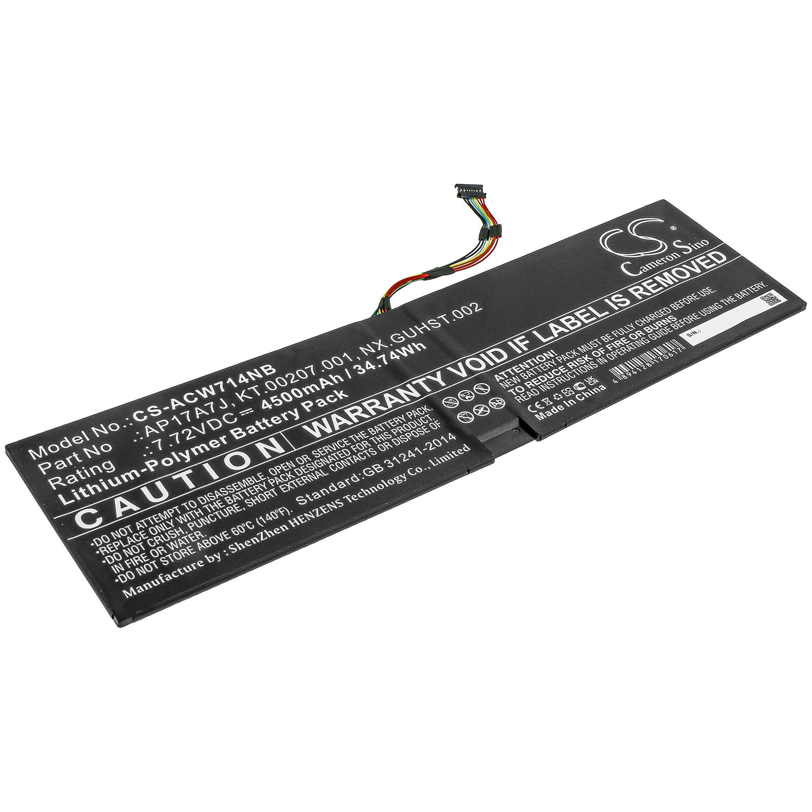 Li-ion Battery fits Acer, Swift 7 Sf714-51t, Swift 7 Sf714-51t-m16f, Swift 7 Sf714-51t-m1f6 7.72V, 4500mAh Notebook & Laptop Cameron Sino Technology Limited