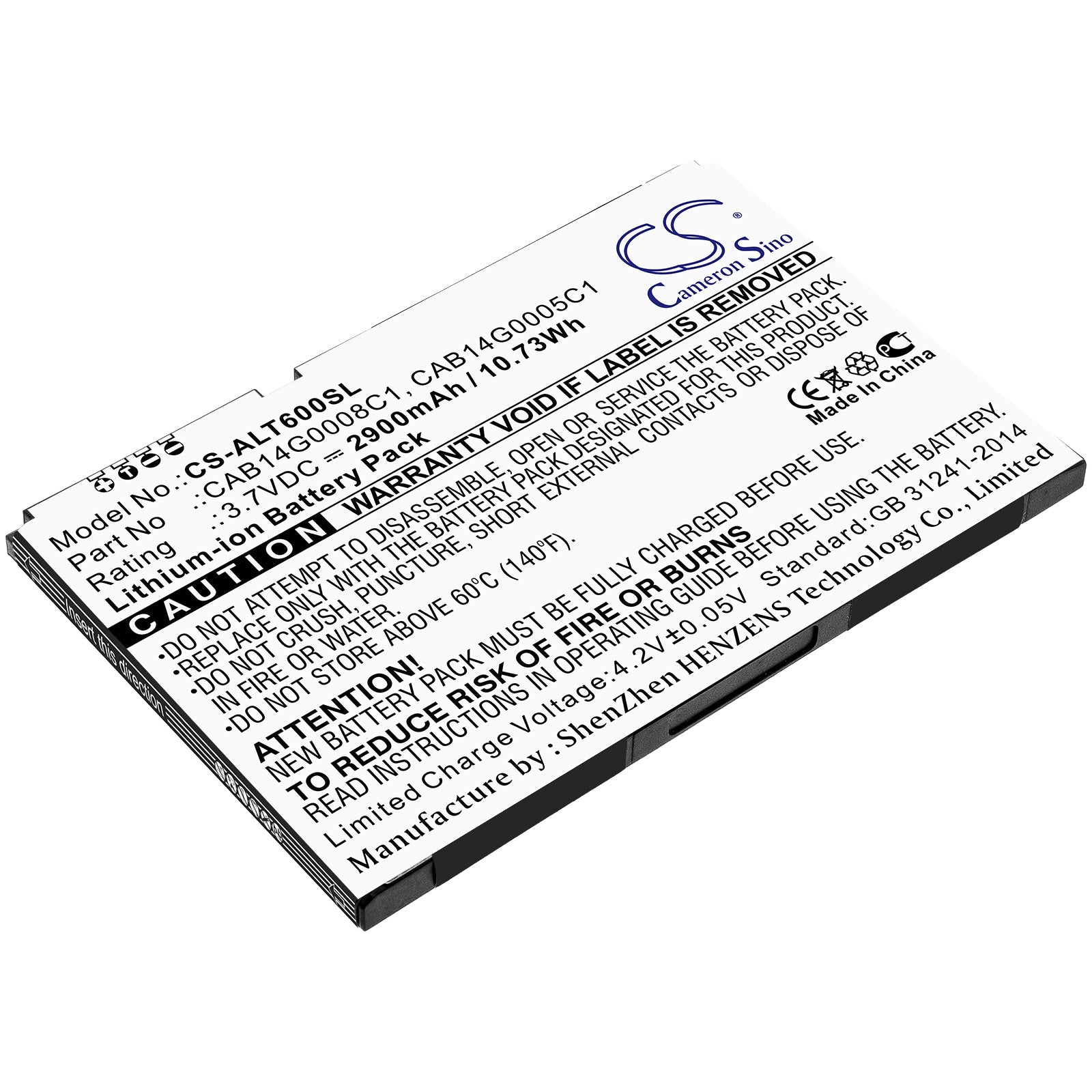 Li-ion Battery fits Alcatel, Cab14g0005c1, Cab14g0008c1 3.7V, 2900mAh Tablet Cameron Sino Technology Limited