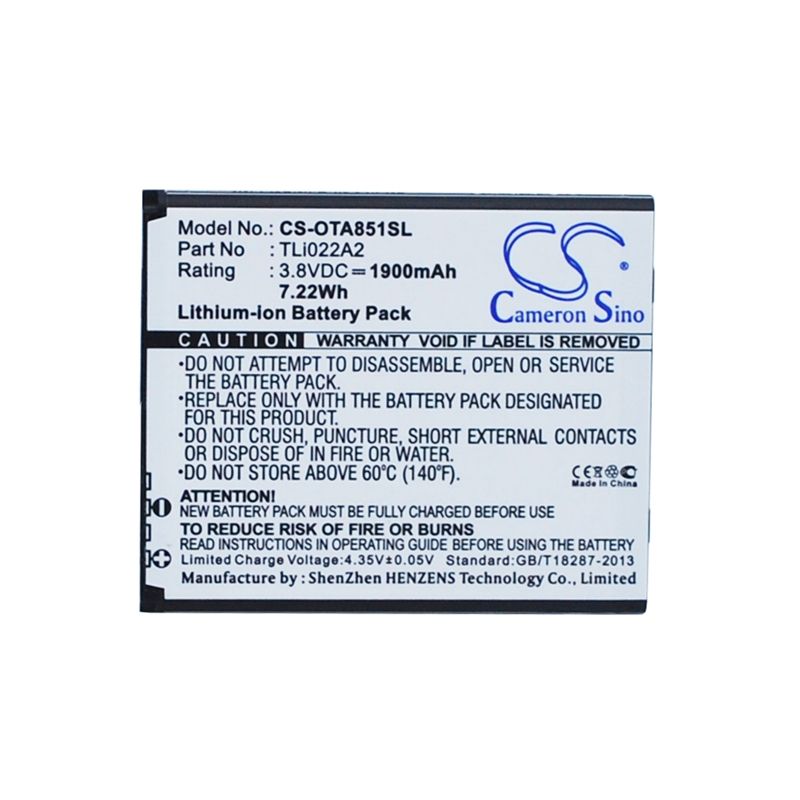 Li-ion Battery fits Alcatel, one touch sonic, ot-a851l 3.8V, 1900mAh Mobile & SmartPhone Cameron Sino Technology Limited (Suspended)