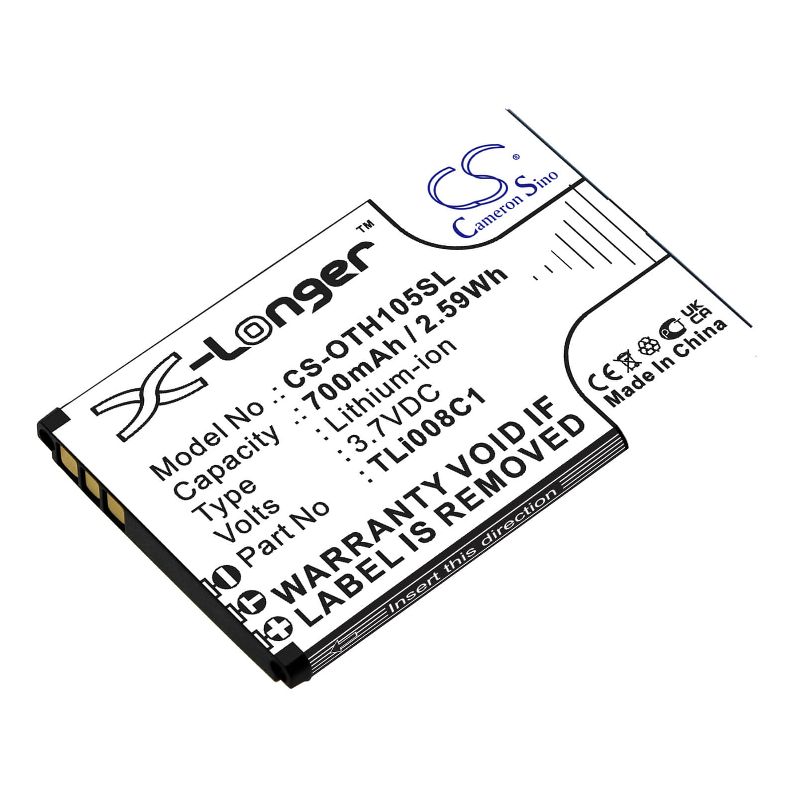 Li-ion Battery fits Alcatel, Onetouch 1054 3.7V, 700mAh / 2.59Wh Mobile & SmartPhone Cameron Sino Technology Limited