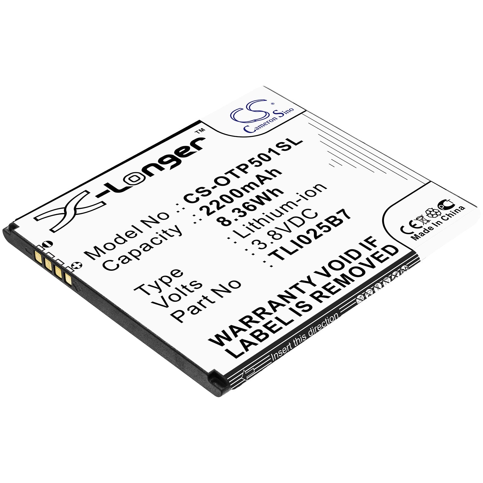 Li-ion Battery fits Alcatel, Tli025b7 3.8V, 2200mAh Mobile & SmartPhone Cameron Sino Technology Limited